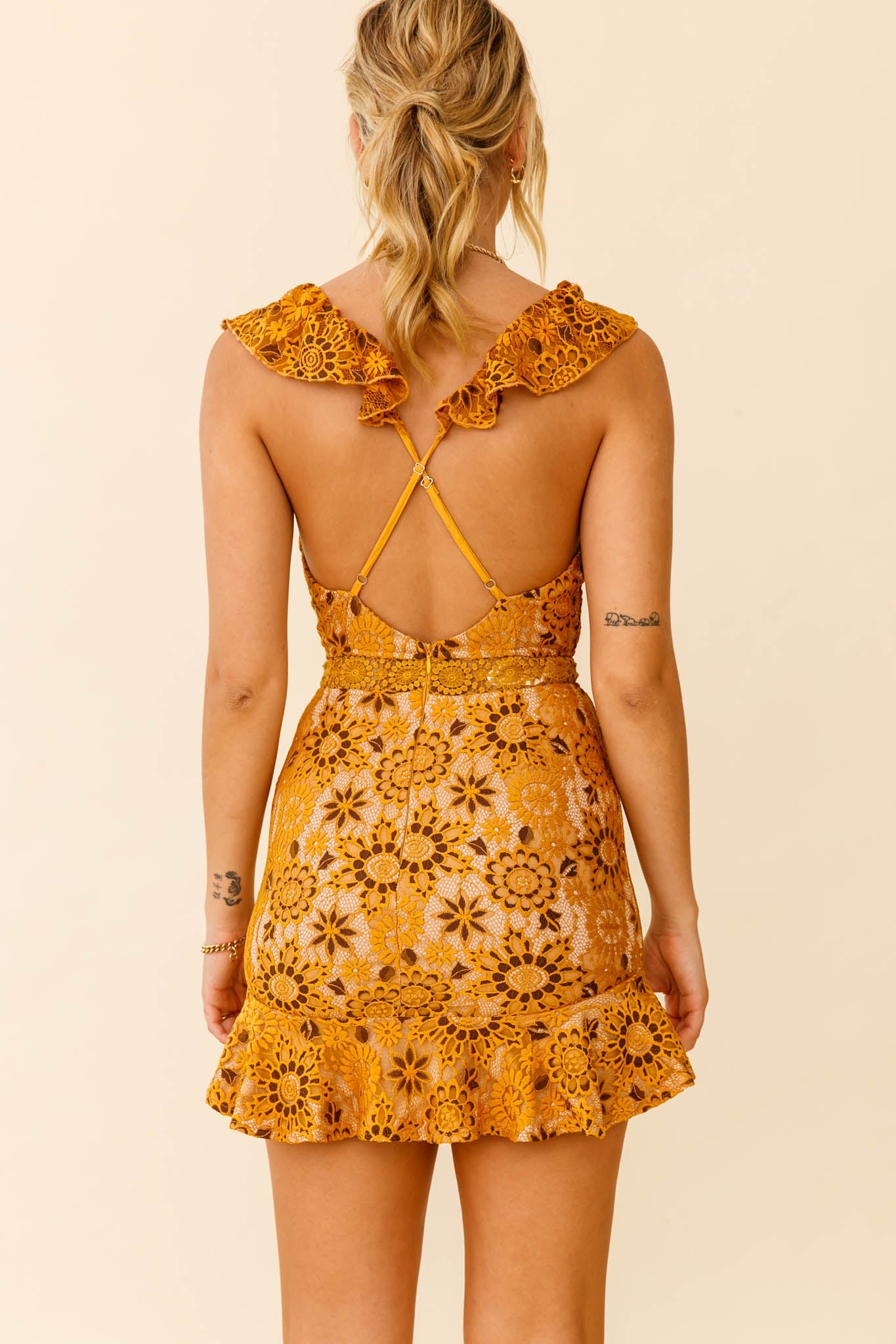 Short Story Ruffle Strap Criss-Cross Back Dress Floral Lace Mustard by Selfie Leslie