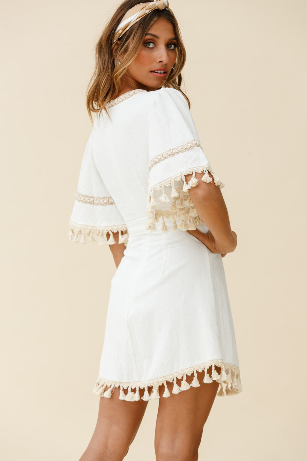 Morocco Faux Wrap Tassel Trim Dress White by Selfie Leslie