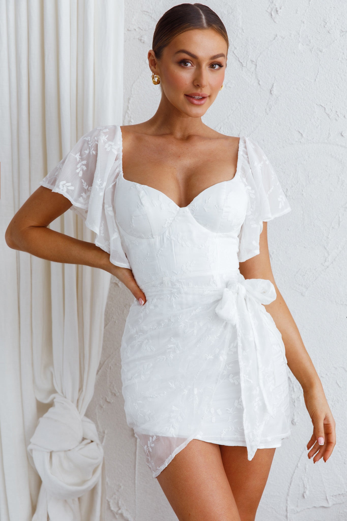 Aphrodite Molded Bust Angel Sleeve Wrap Dress Embroidered White by Selfie Leslie