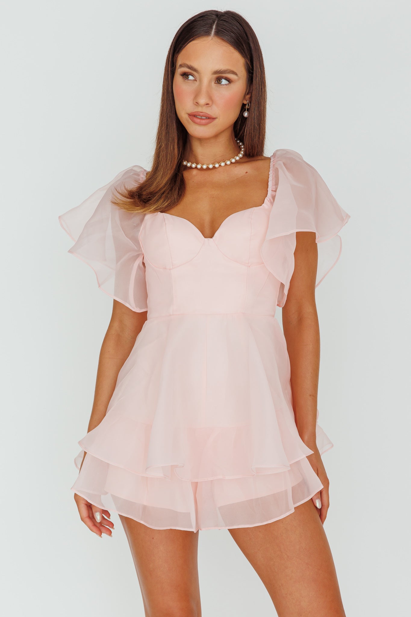 Aphrodite Angel Sleeve Layered Romper Pink by Selfie Leslie Australia