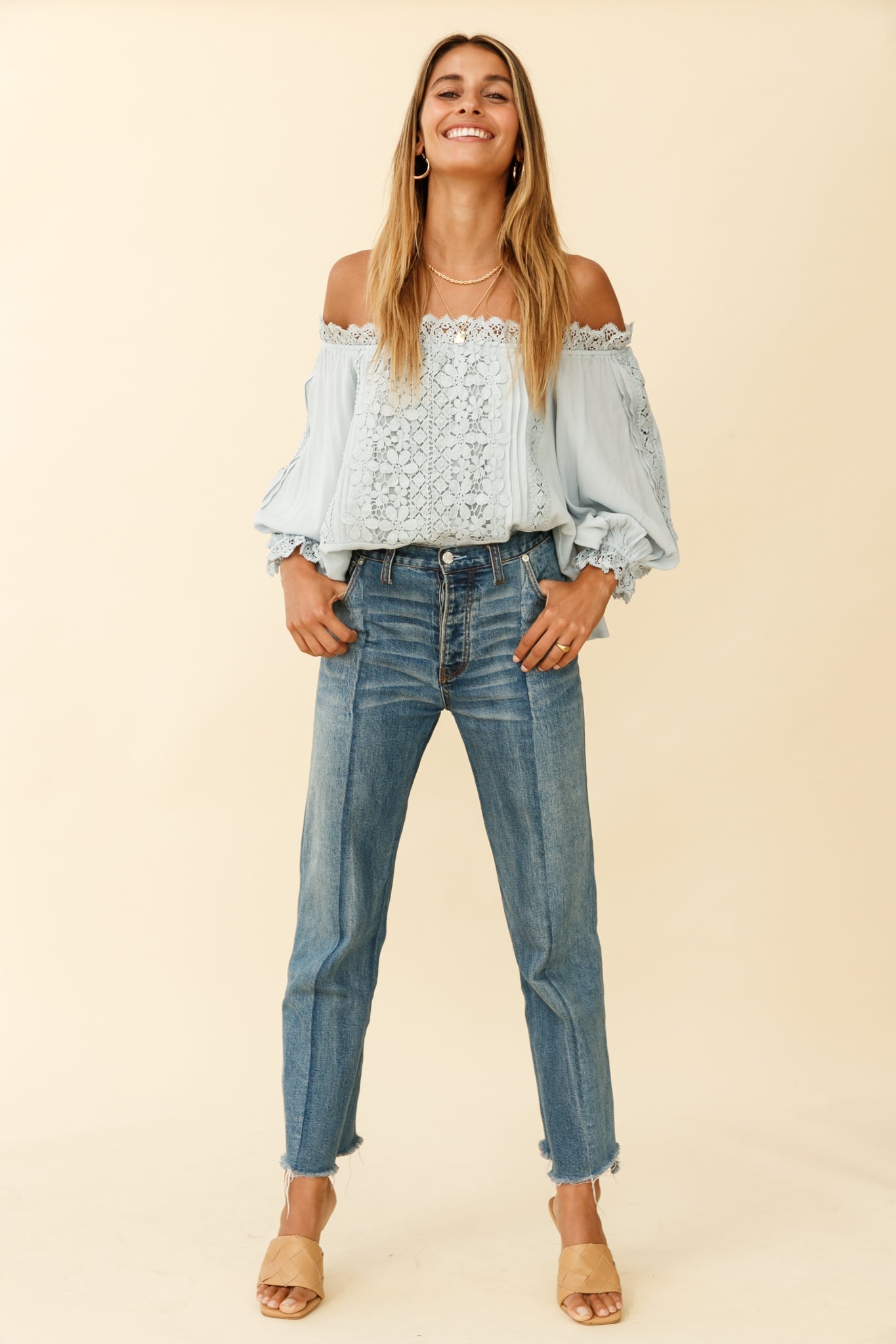 Homeward Off-Shoulder Lace Top Steel Blue by Selfie Leslie