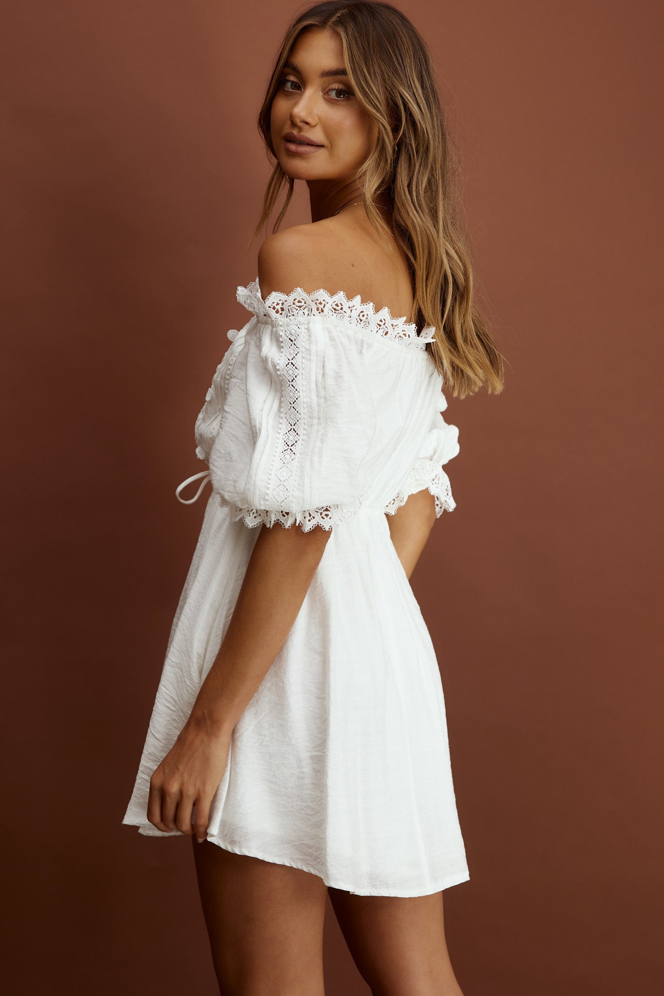 Homeward Off-Shoulder Lace Dress White by Selfie Leslie