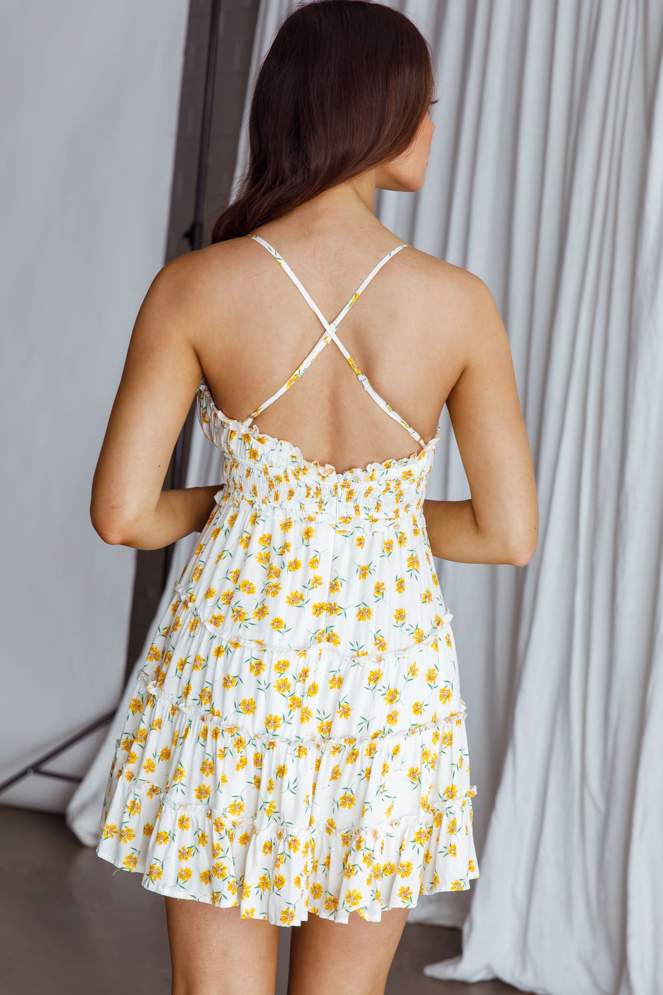 Sunshine Lovers Criss-Cross Back Frill Trim Dress Floral Print White by Selfie Leslie Australia