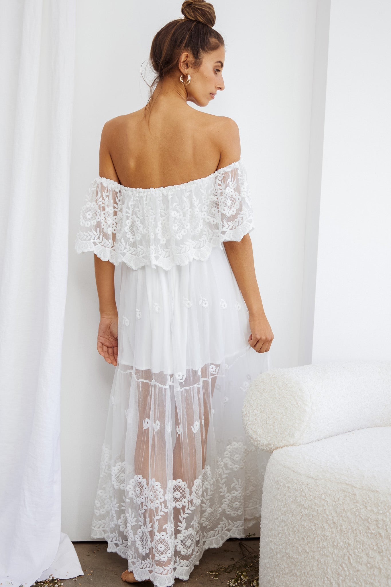 Signet Off-Shoulder Embroidered Mesh Overlay Maxi Dress White by Selfie Leslie
