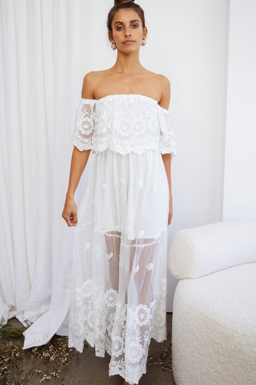 Signet Off-Shoulder Embroidered Mesh Overlay Maxi Dress White by Selfie Leslie