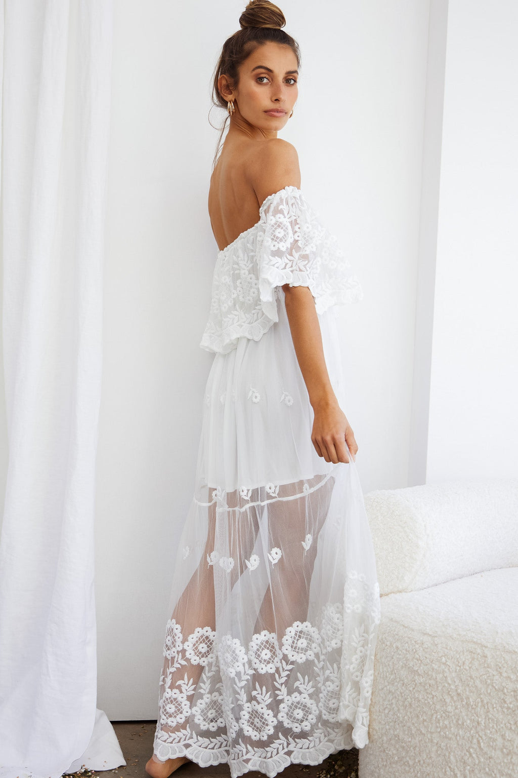 Signet Off-Shoulder Embroidered Mesh Overlay Maxi Dress White by Selfie Leslie