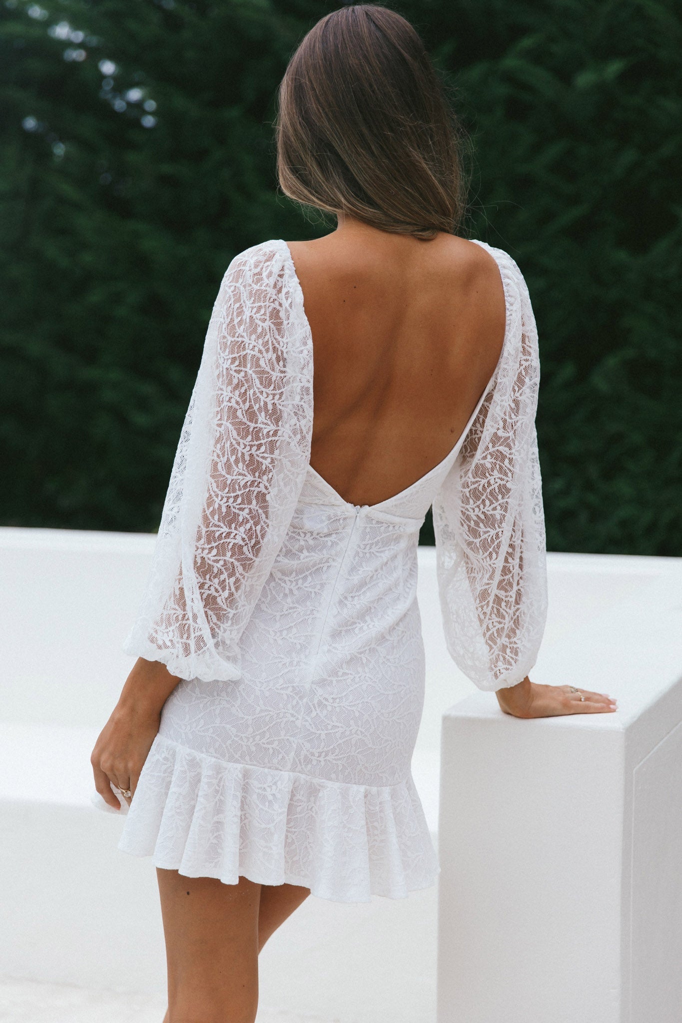 Halley Balloon Sleeve Frill Bust Flounce Hem Lace Dress White by Selfie Leslie