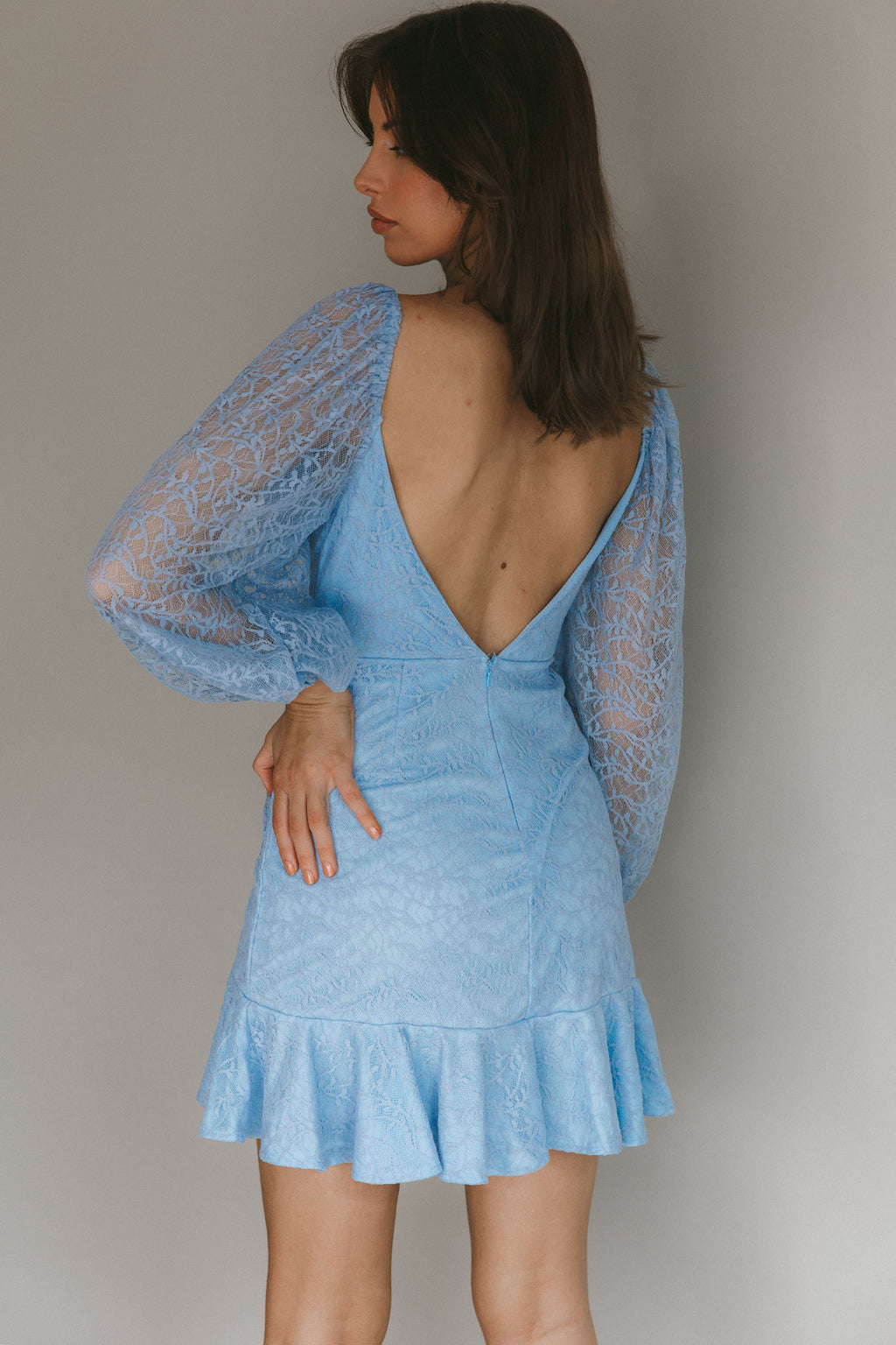 Halley Balloon Sleeve Frill Bust Flounce Hem Lace Dress Baby Blue by Selfie Leslie Australia