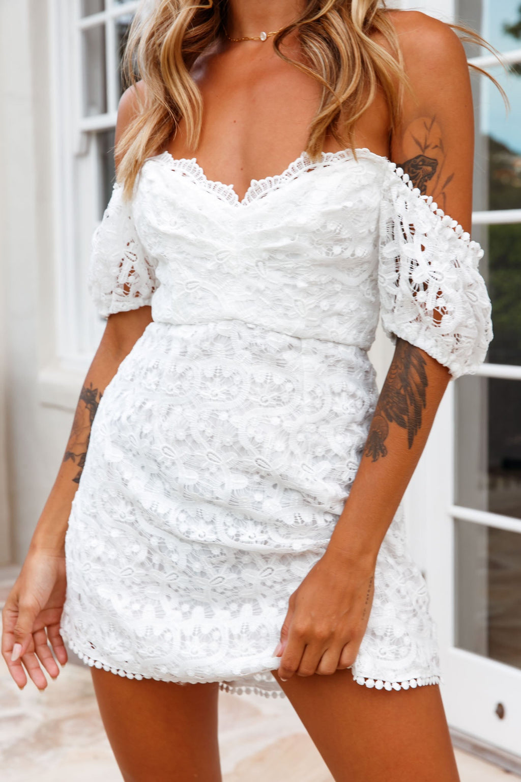 Costa Mesa Puff Sleeve Lace Overlay Dress White by Selfie Leslie