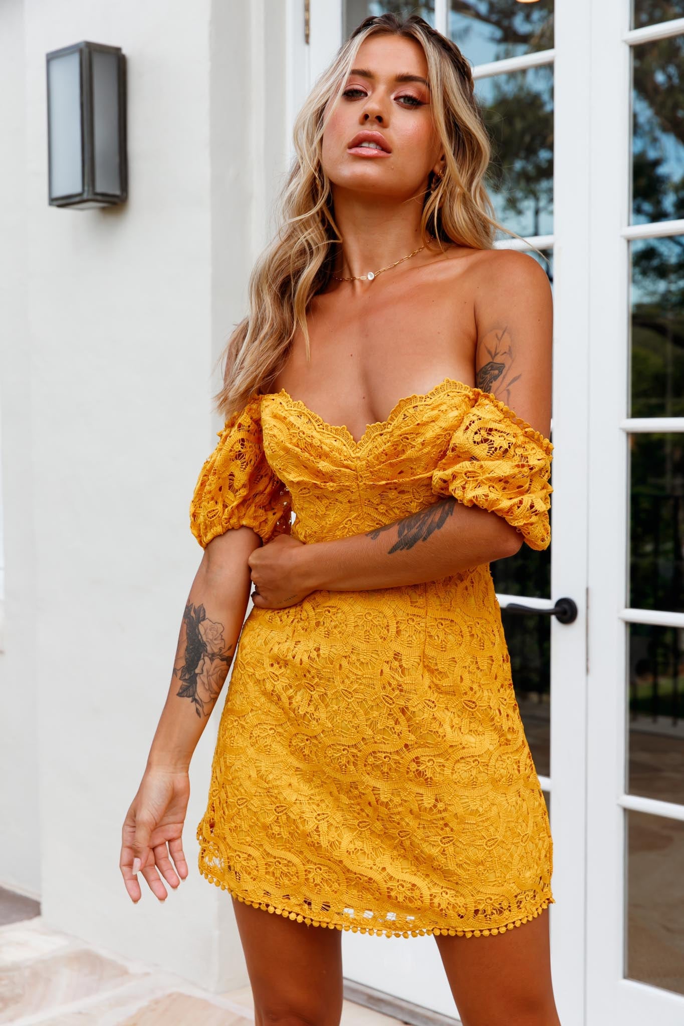 Costa Mesa Puff Sleeve Lace Overlay Dress Yellow by Selfie Leslie