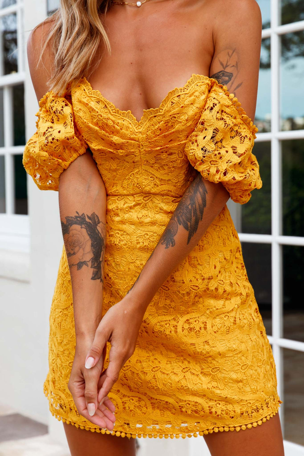 Costa Mesa Puff Sleeve Lace Overlay Dress Yellow by Selfie Leslie