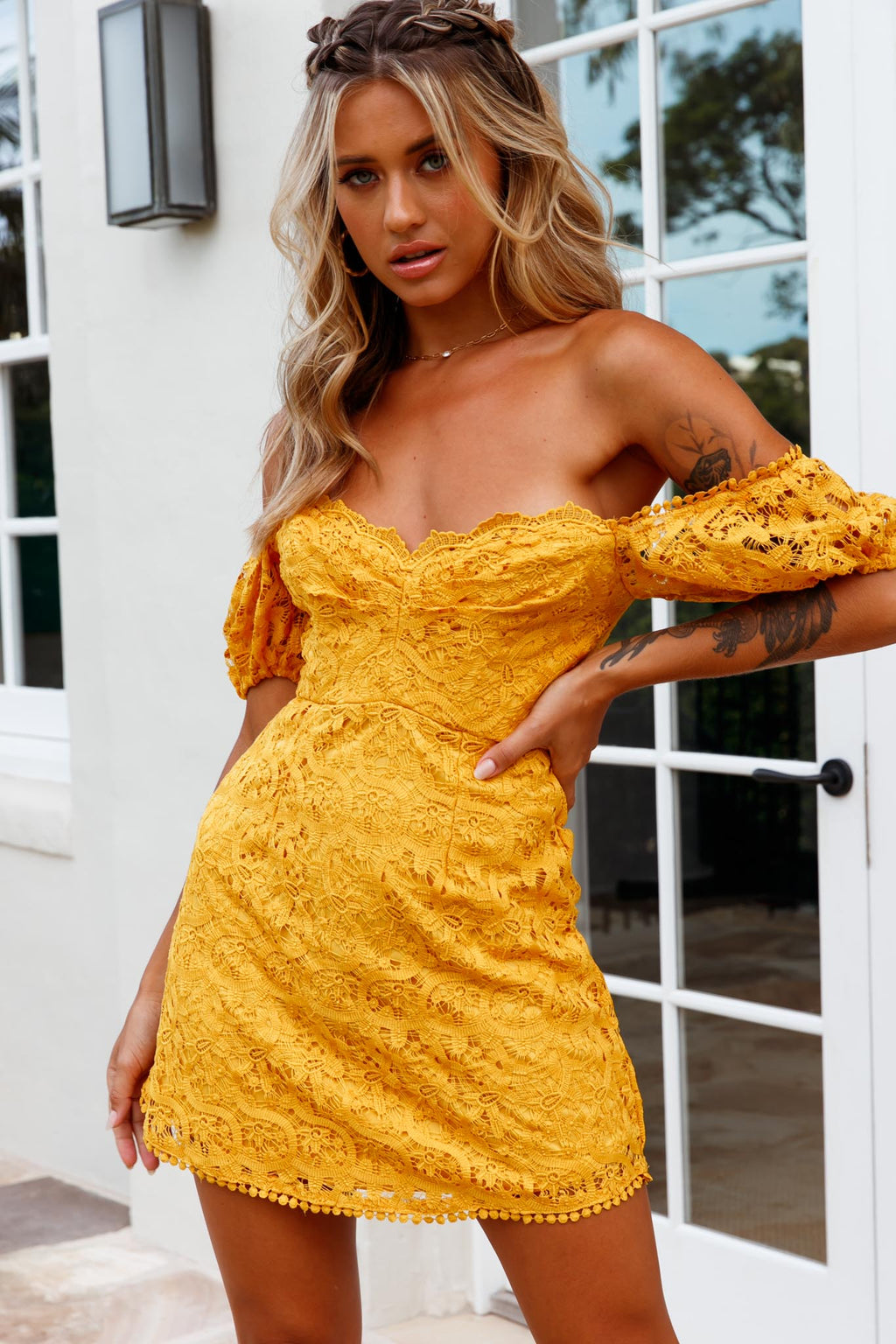 Costa Mesa Puff Sleeve Lace Overlay Dress Yellow by Selfie Leslie