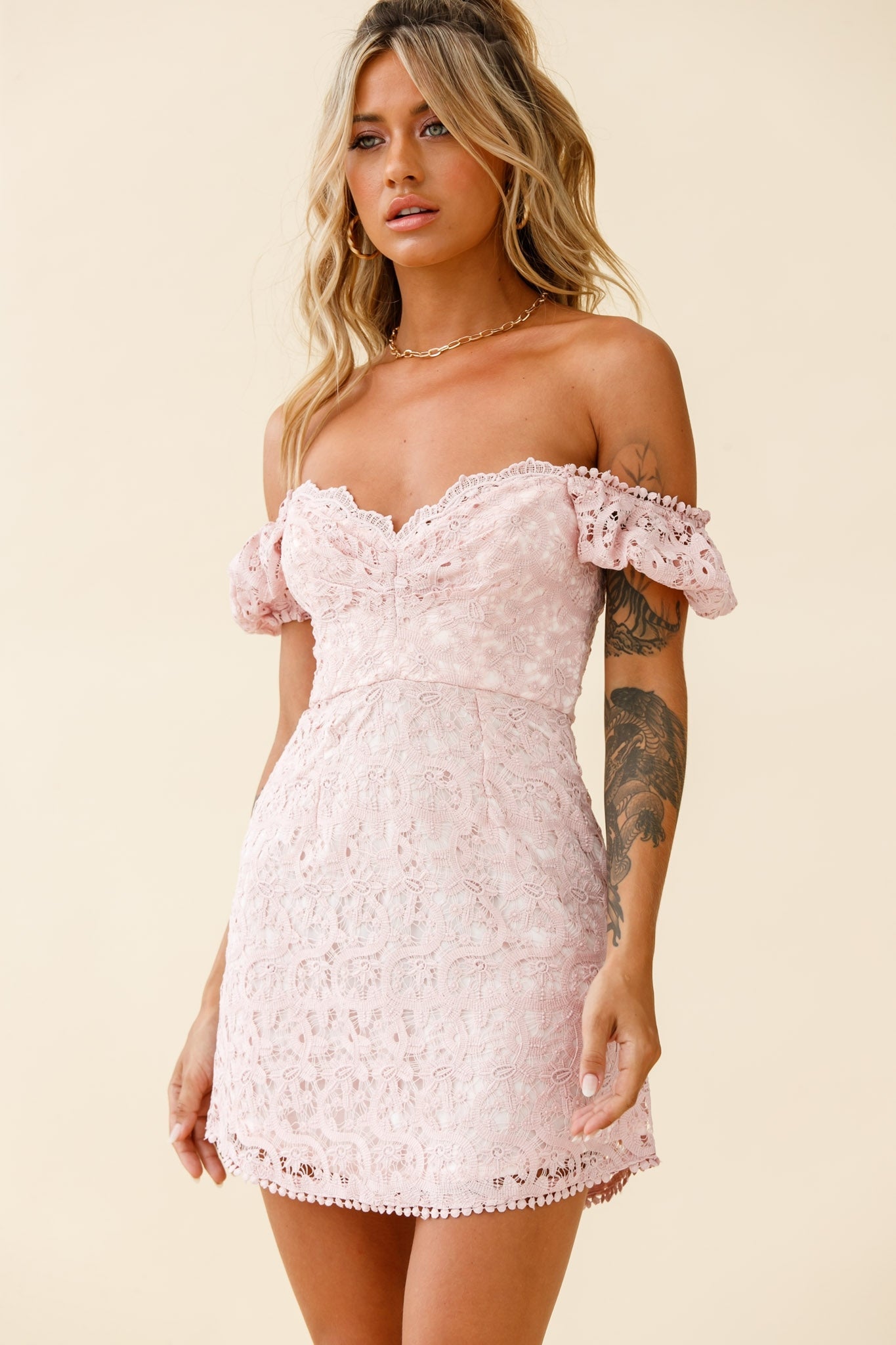 Costa Mesa Puff Sleeve Lace Overlay Dress Pink by Selfie Leslie