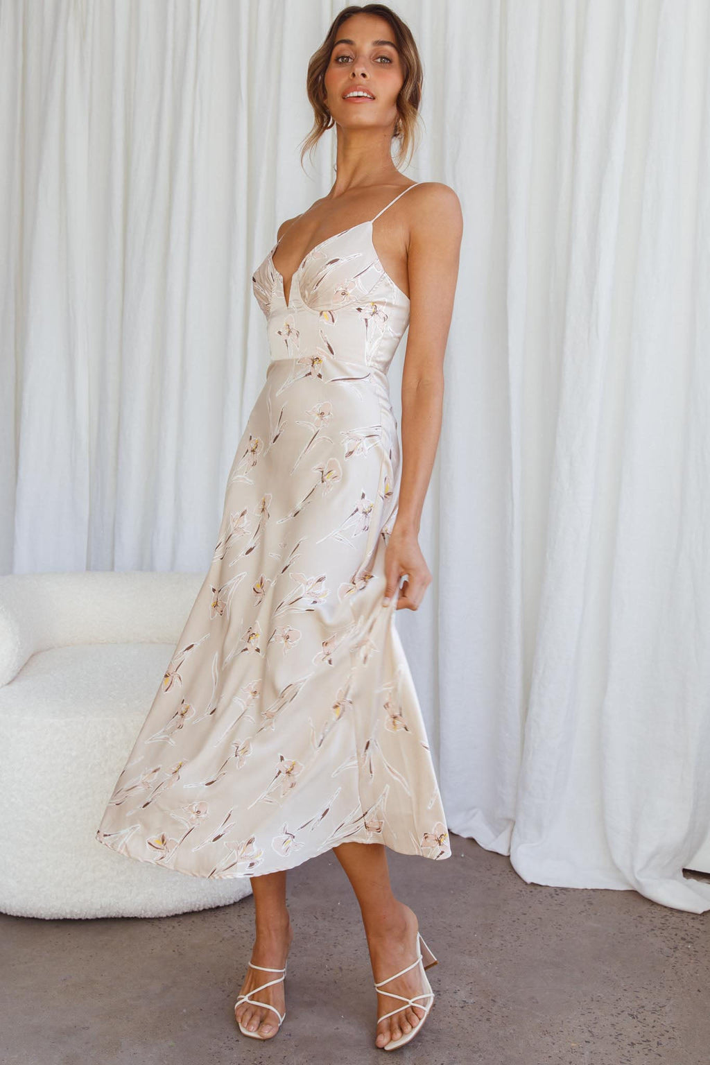 Lake Como Fitted Bodice Cami Strap Midi Dress Orchid Print Beige by Selfie Leslie