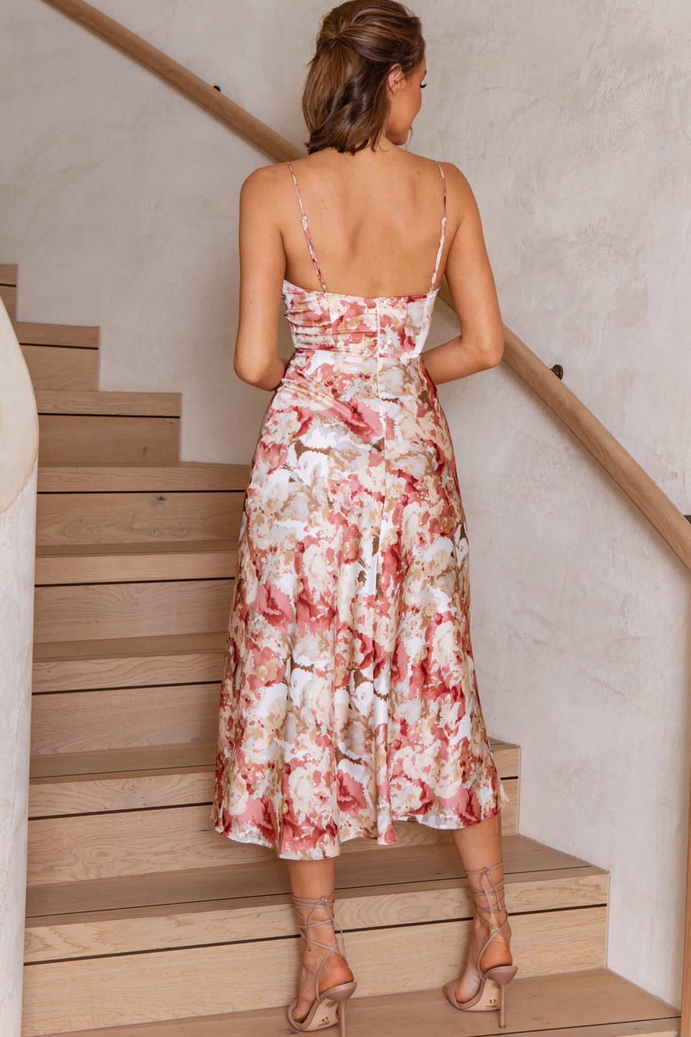 Lake Como Fitted Bodice Cami Strap Midi Dress Abstract Print Rose by Selfie Leslie