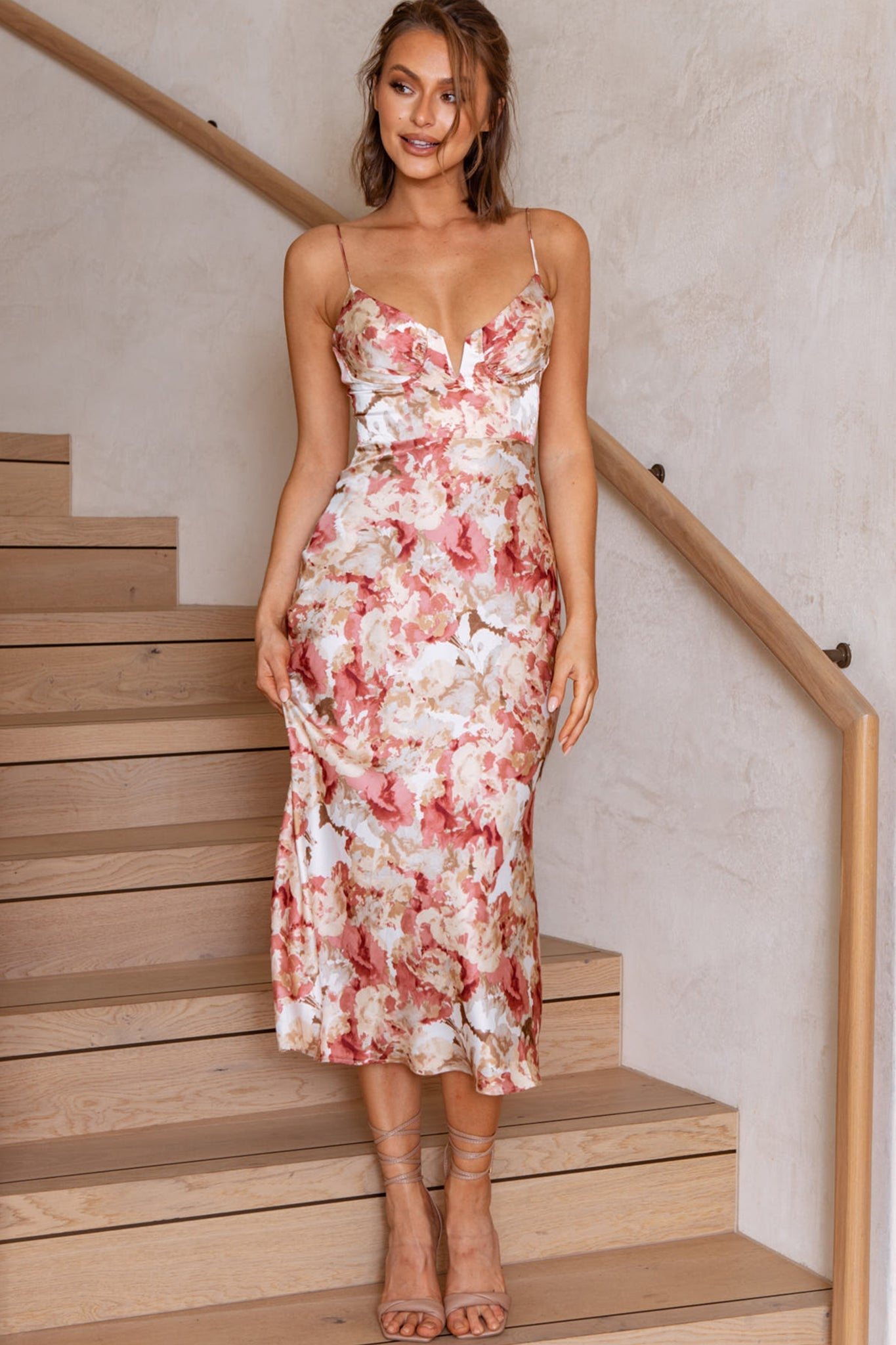 Lake Como Fitted Bodice Cami Strap Midi Dress Abstract Print Rose by Selfie Leslie