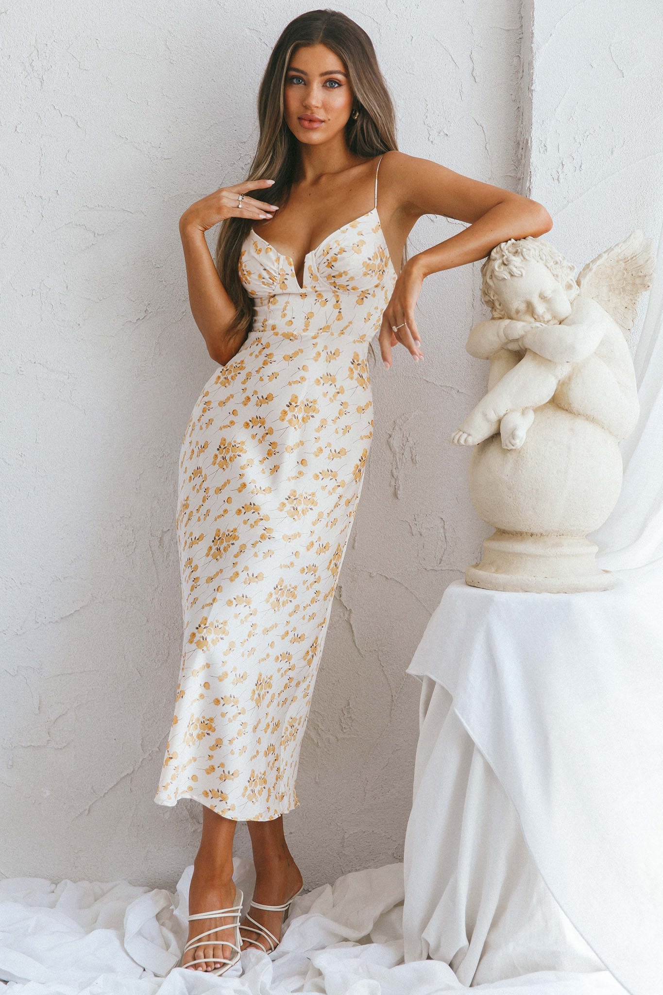 Lake Como Fitted Bodice Cami Strap Midi Dress Painted Floral Print Beige by Selfie Leslie