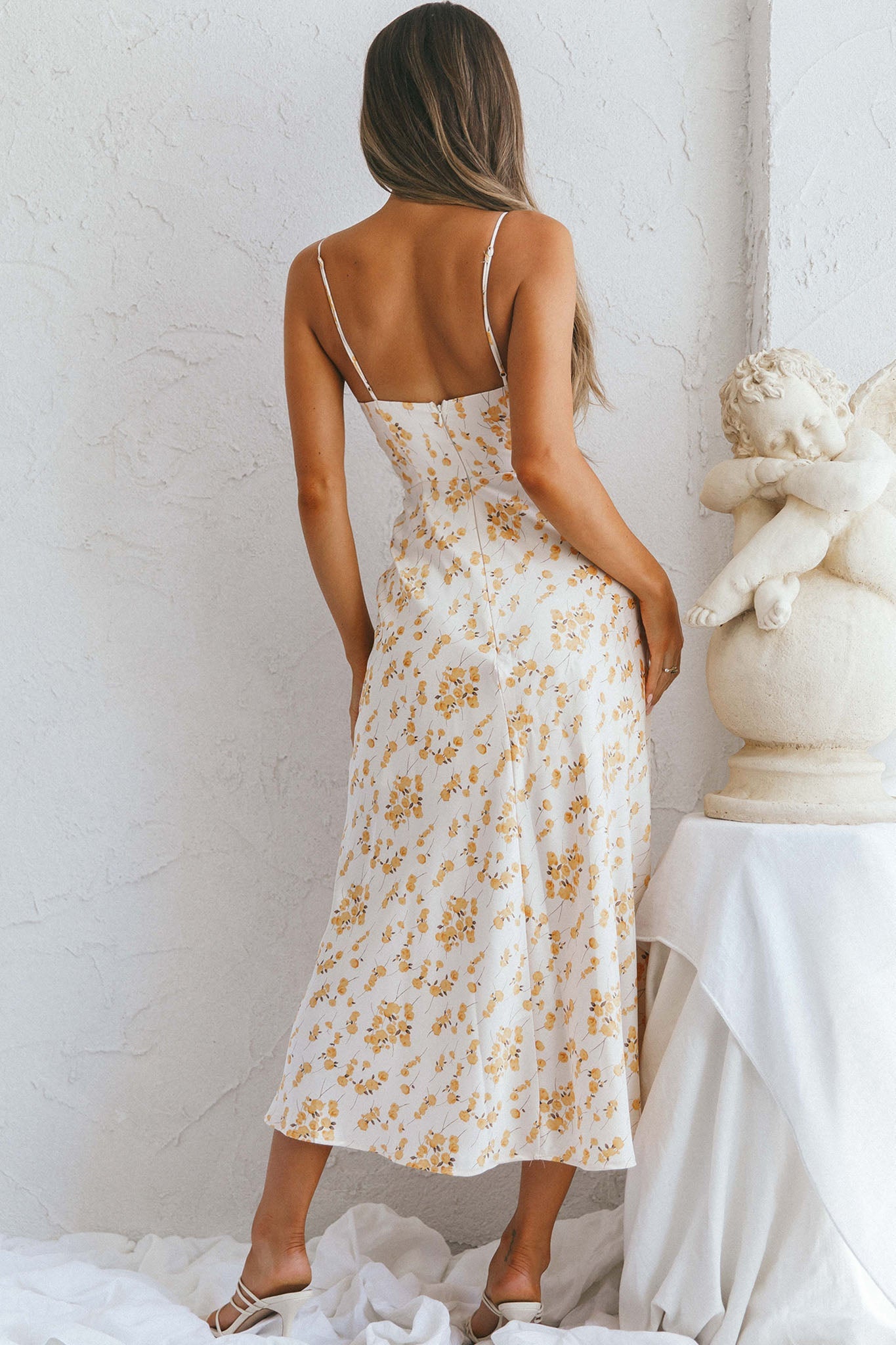 Lake Como Fitted Bodice Cami Strap Midi Dress Painted Floral Print Beige by Selfie Leslie