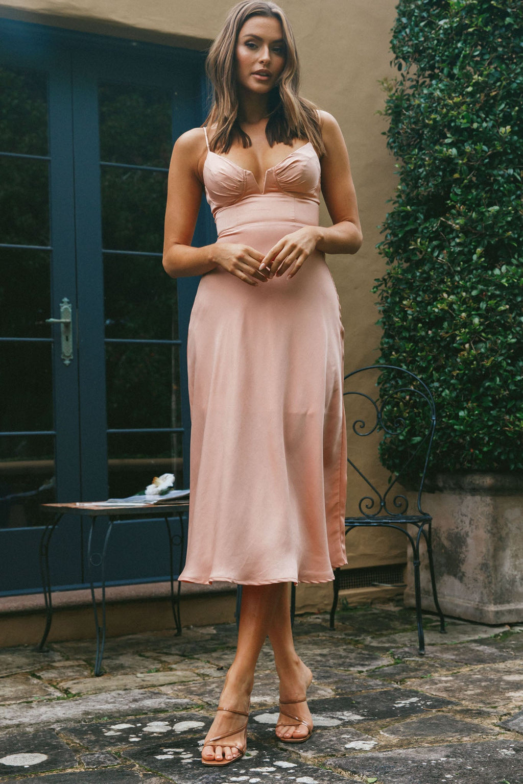 Lake Como Fitted Bodice Cami Strap Midi Dress Peach by Selfie Leslie