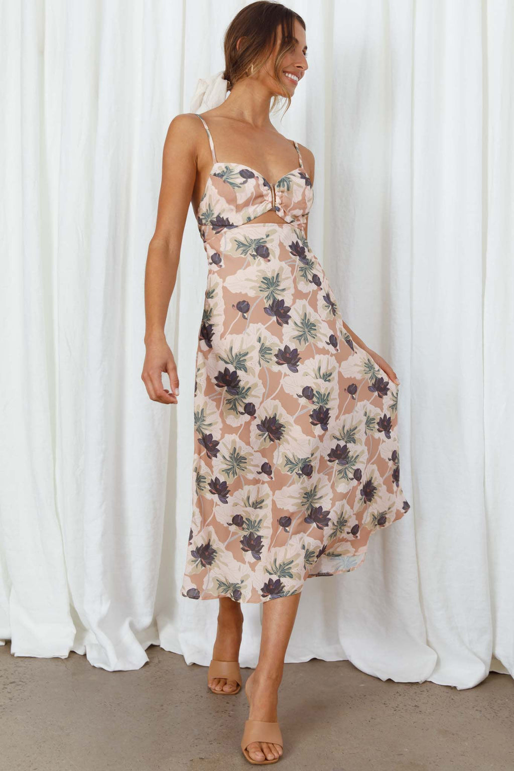 Melancholy Resin Buckle Satin Midi Flora Mocha by Selfie Leslie