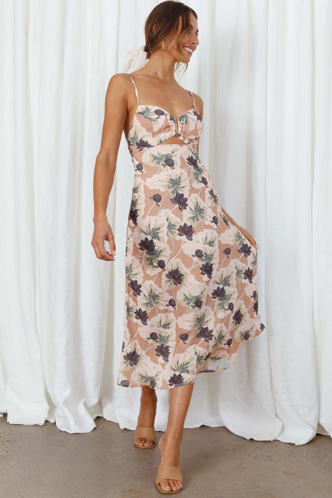 Melancholy Resin Buckle Satin Midi Flora Mocha by Selfie Leslie