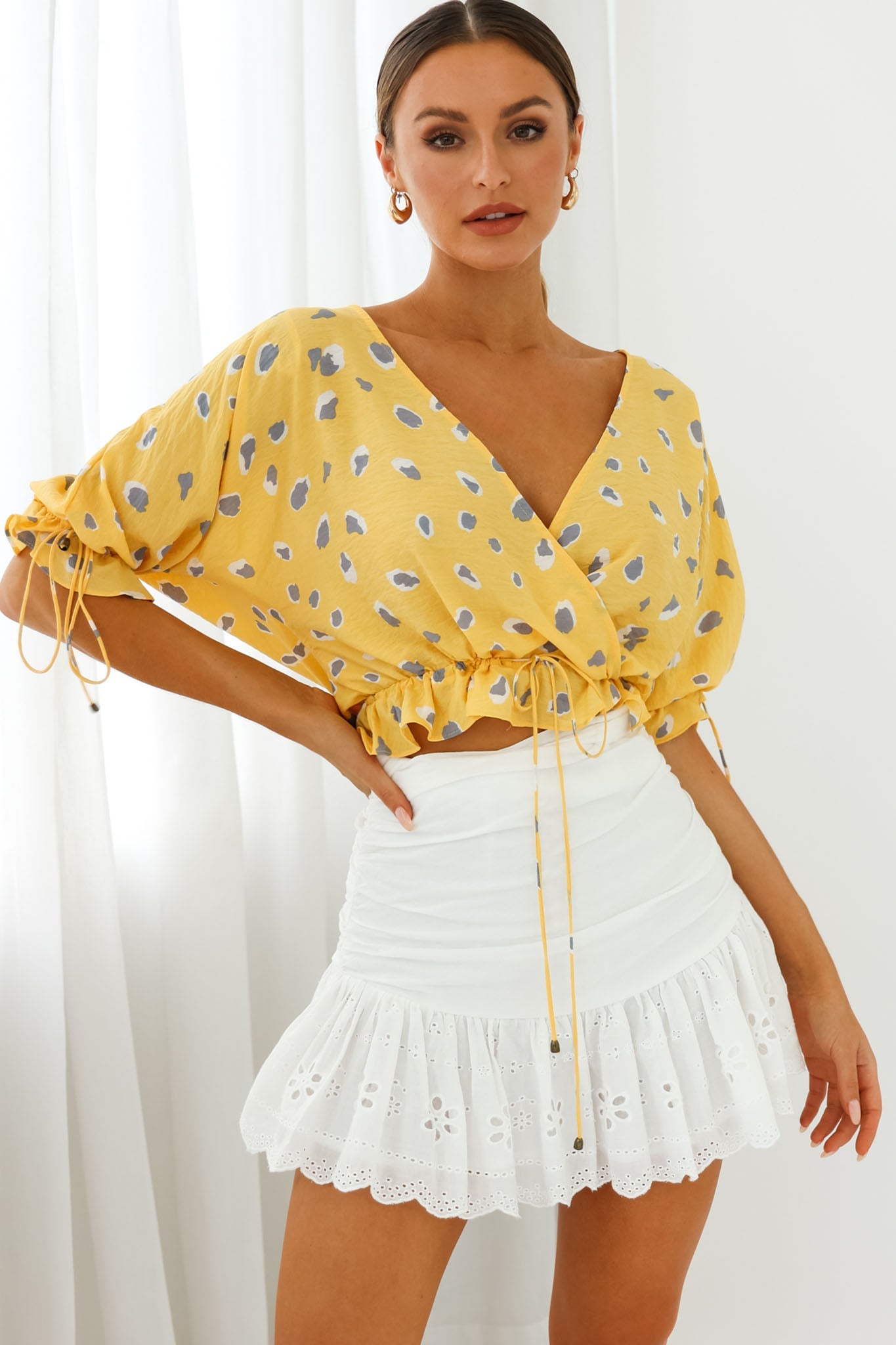 Distant Sun Drawstring Waist Crop Top Animal Print Yellow by Selfie Leslie