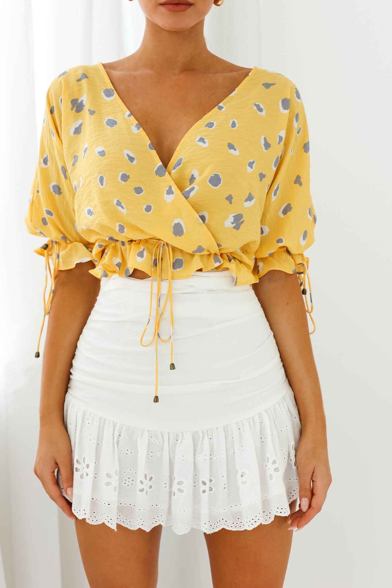 Distant Sun Drawstring Waist Crop Top Animal Print Yellow by Selfie Leslie
