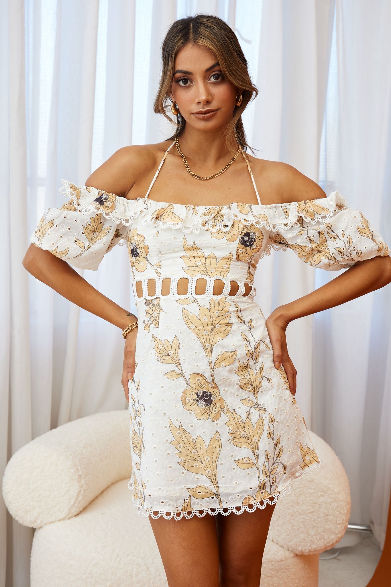 Happy Days Halterneck Puff Sleeve Eyelet Dress Floral Print Sunflower by Selfie Leslie