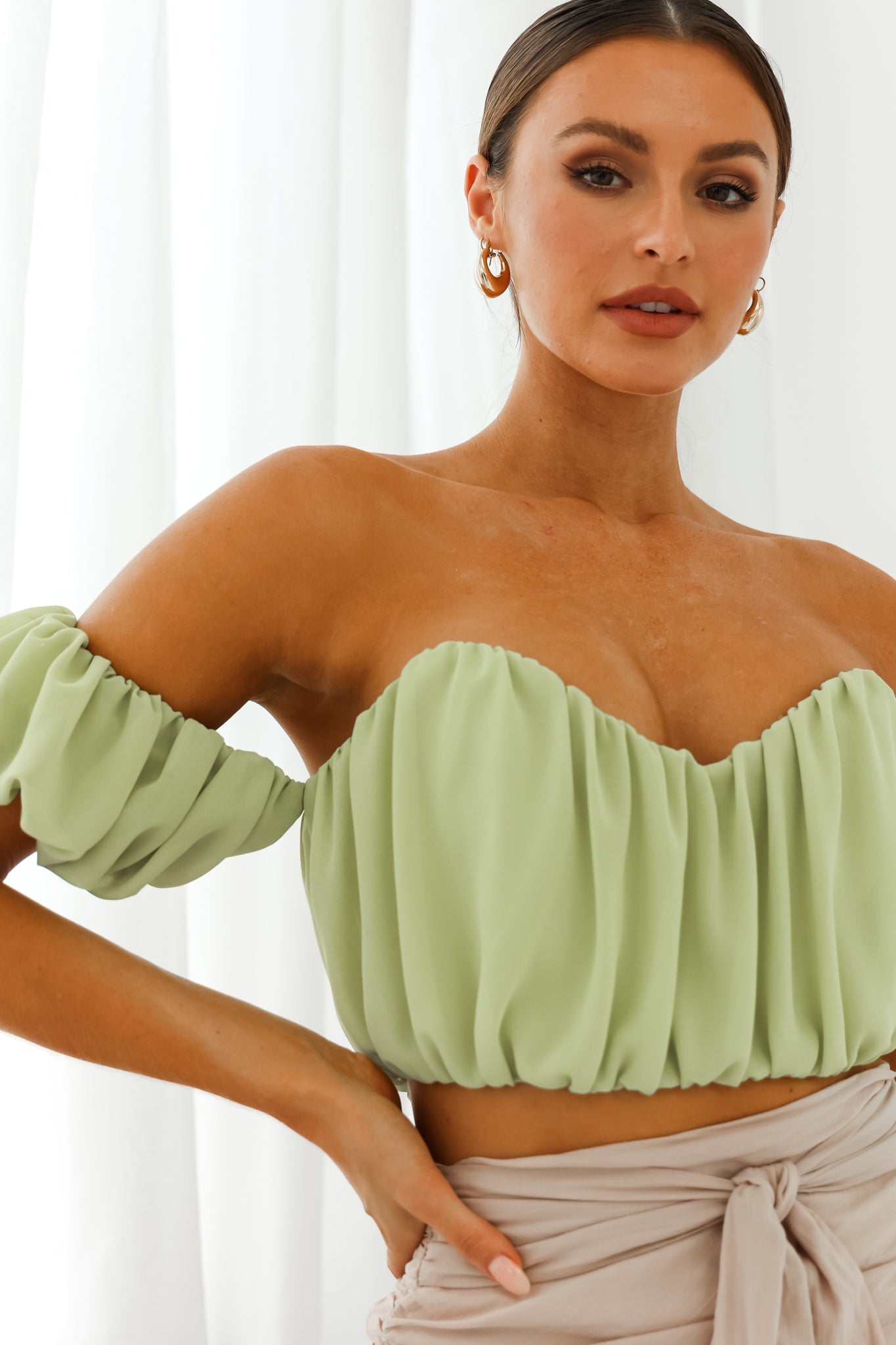 Bisous Sweetheart Neckline Ruched Off-Shoulder Crop Top Apple by Selfie Leslie