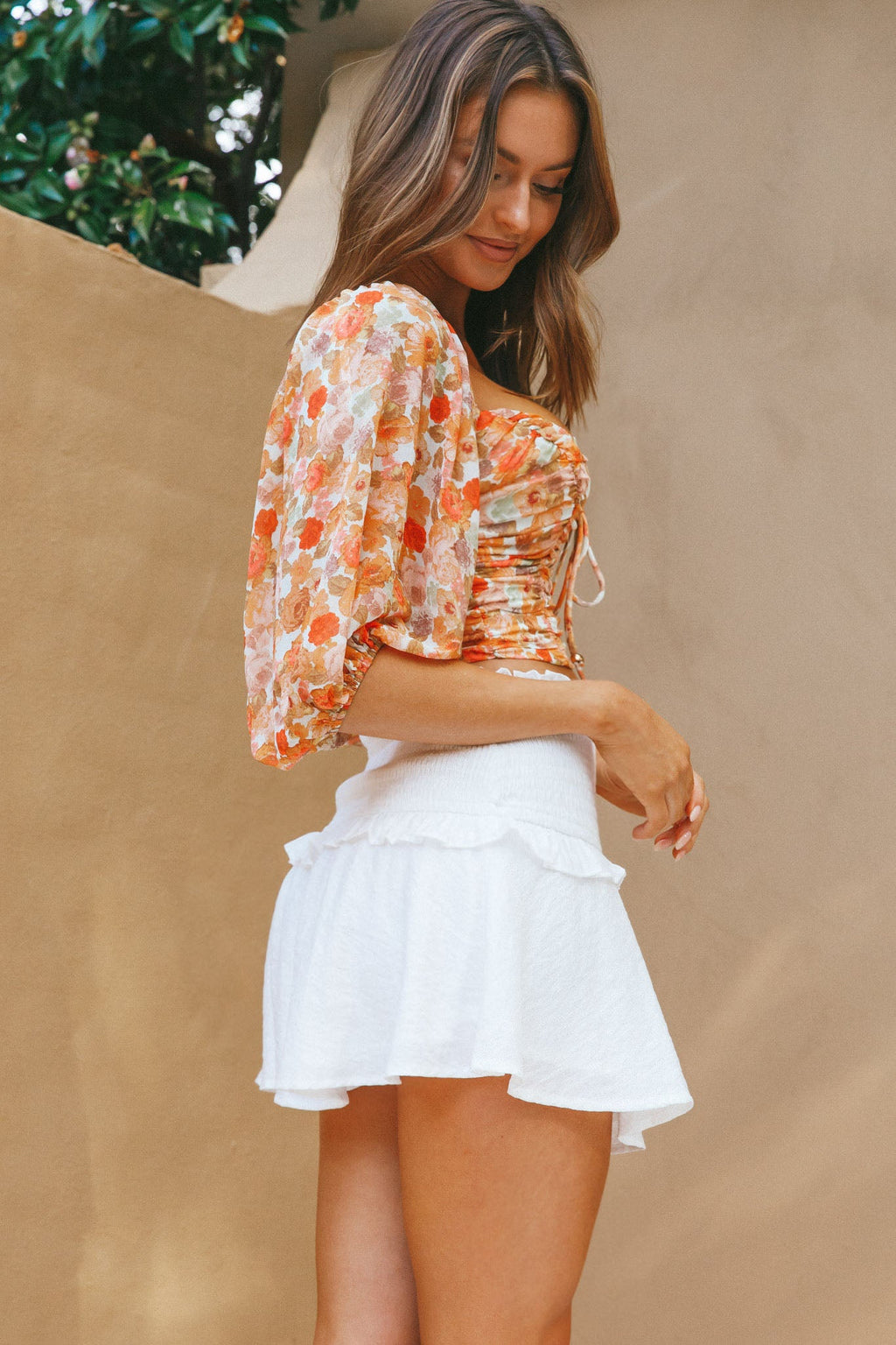Magic Moment Ruched Tie Bust Crop Top Floral Print Orange by Selfie Leslie