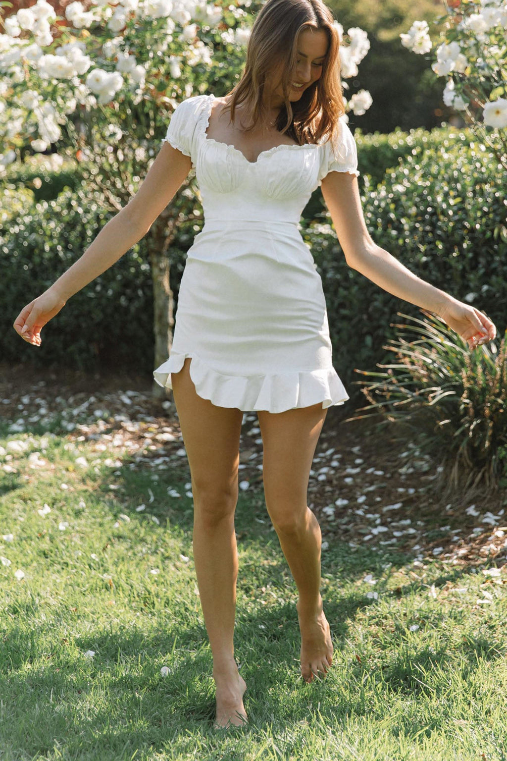 heaven sent ruched bust puff sleeve dress white Puff Sleeve Ruched Bust Button Midi Dress Ooins
