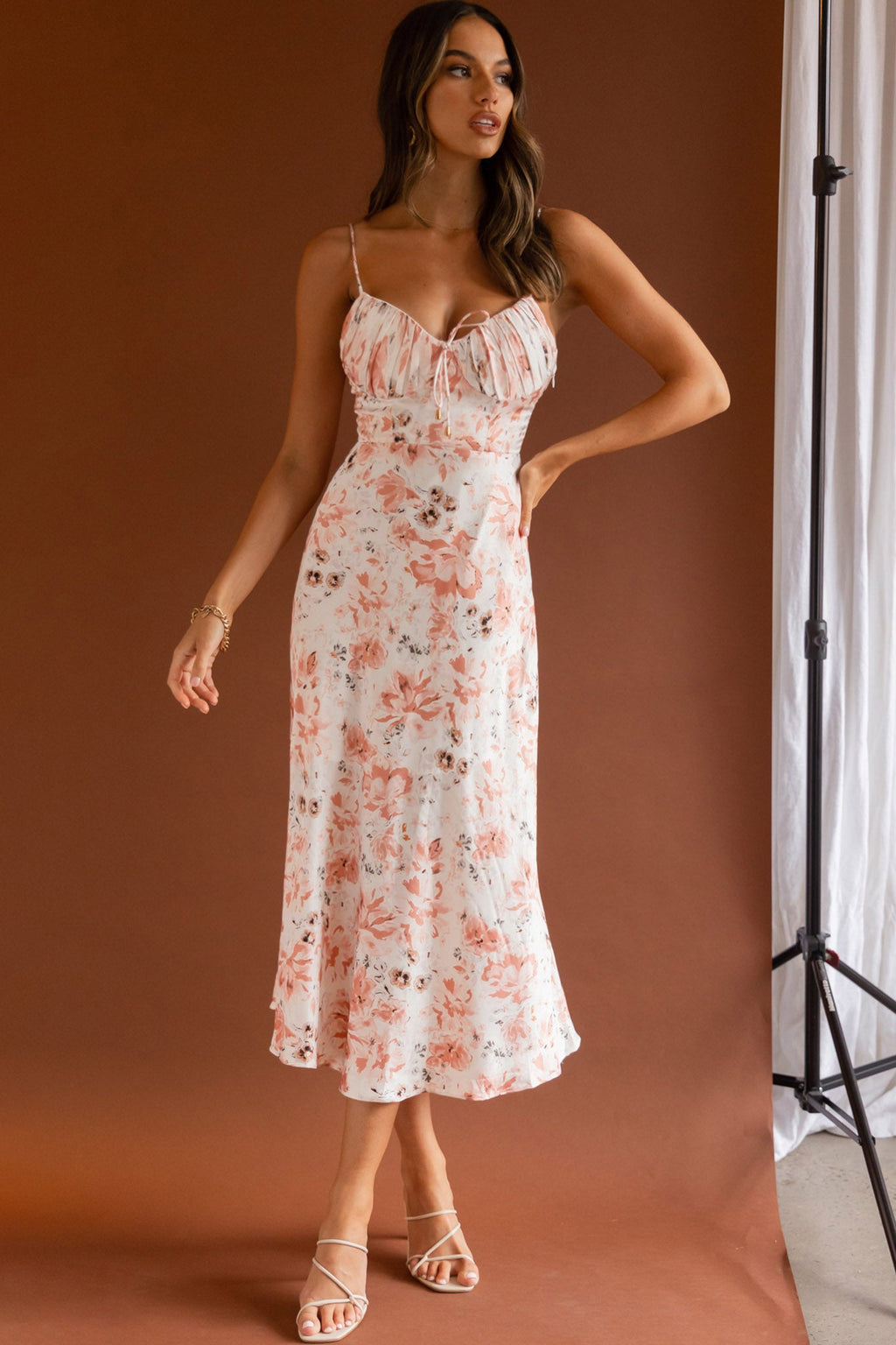 Malibu Gathered Bust Cami Strap Midi Dress Floral Pink by Selfie Leslie