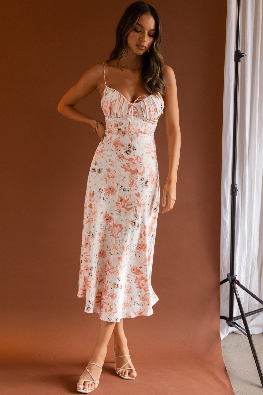 Malibu Gathered Bust Cami Strap Midi Dress Floral Pink by Selfie Leslie