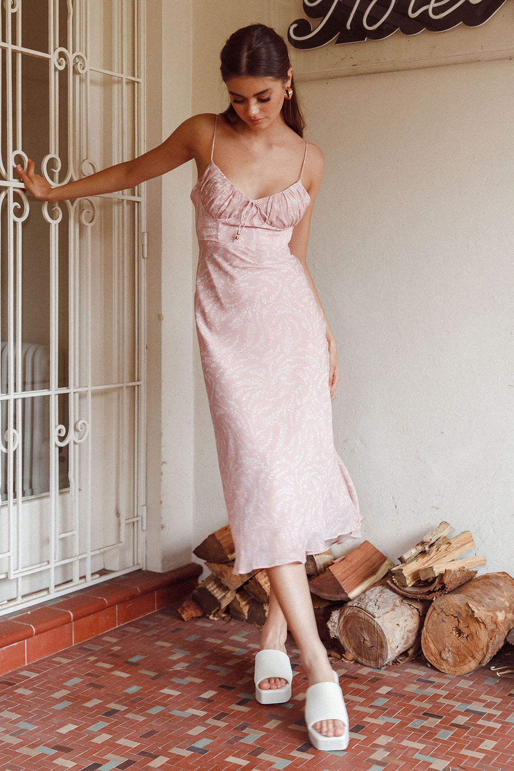 Malibu Gathered Bust Cami Strap Midi Dress Spring Pink by Selfie Leslie Australia
