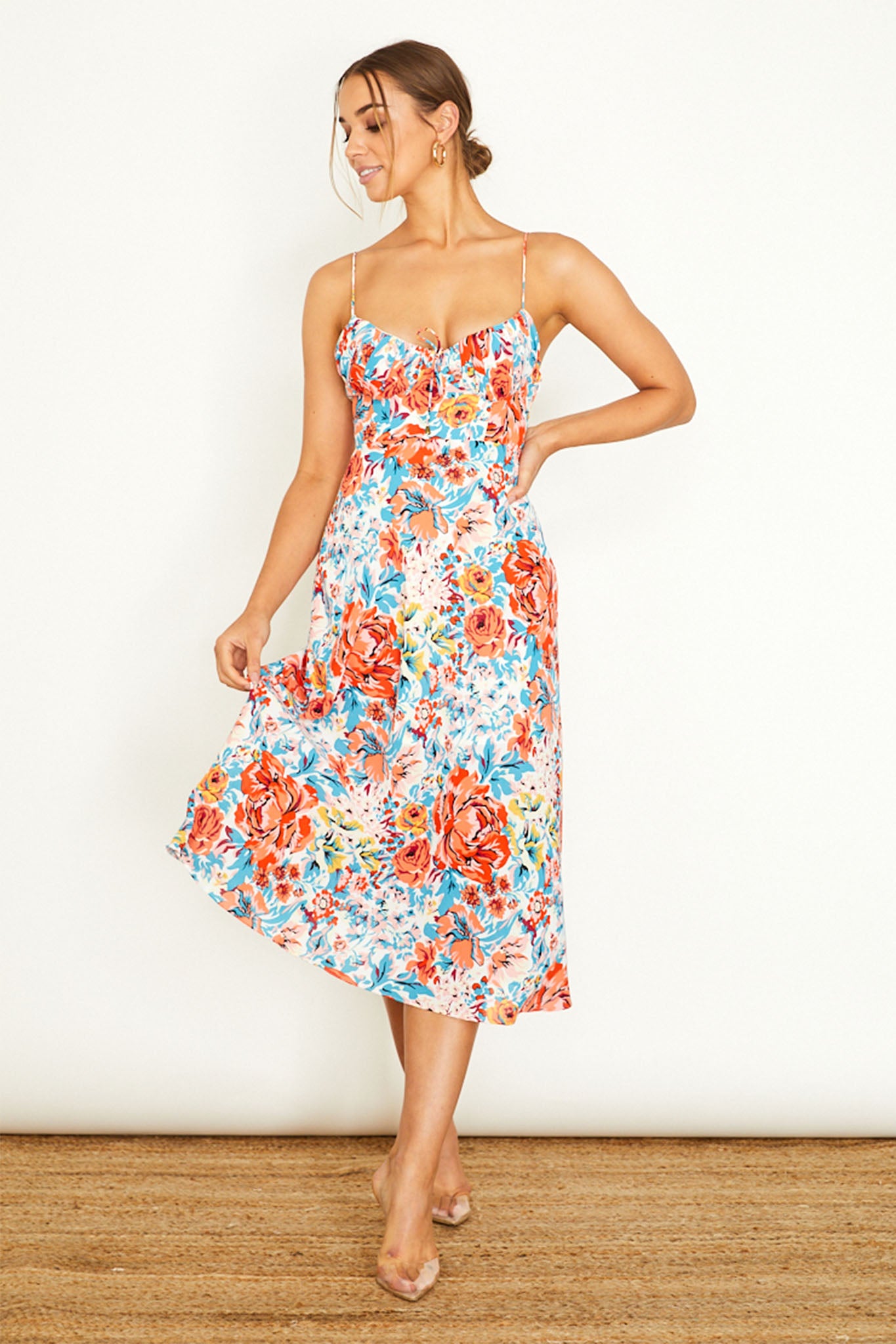 Malibu Gathered Bust Cami Strap Midi Dress Floral Orange by Selfie Leslie Australia