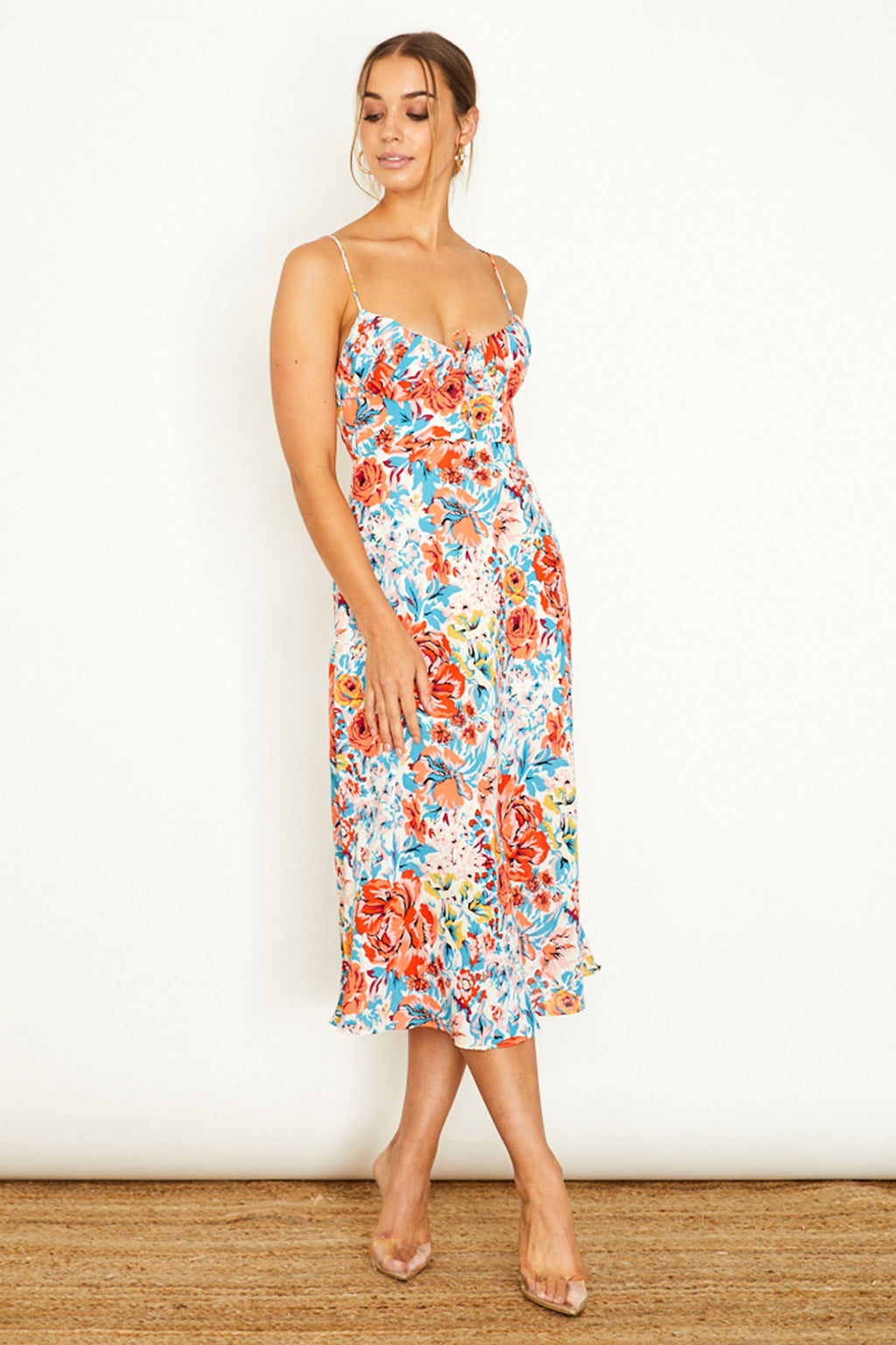 Malibu Gathered Bust Cami Strap Midi Dress Floral Orange by Selfie Leslie Australia