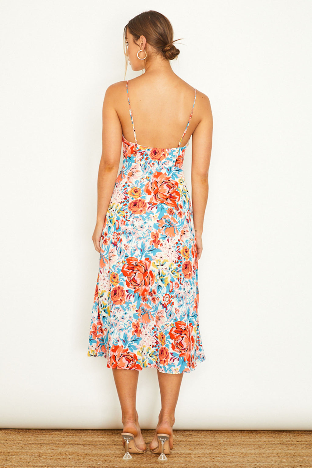 Malibu Gathered Bust Cami Strap Midi Dress Floral Orange by Selfie Leslie Australia