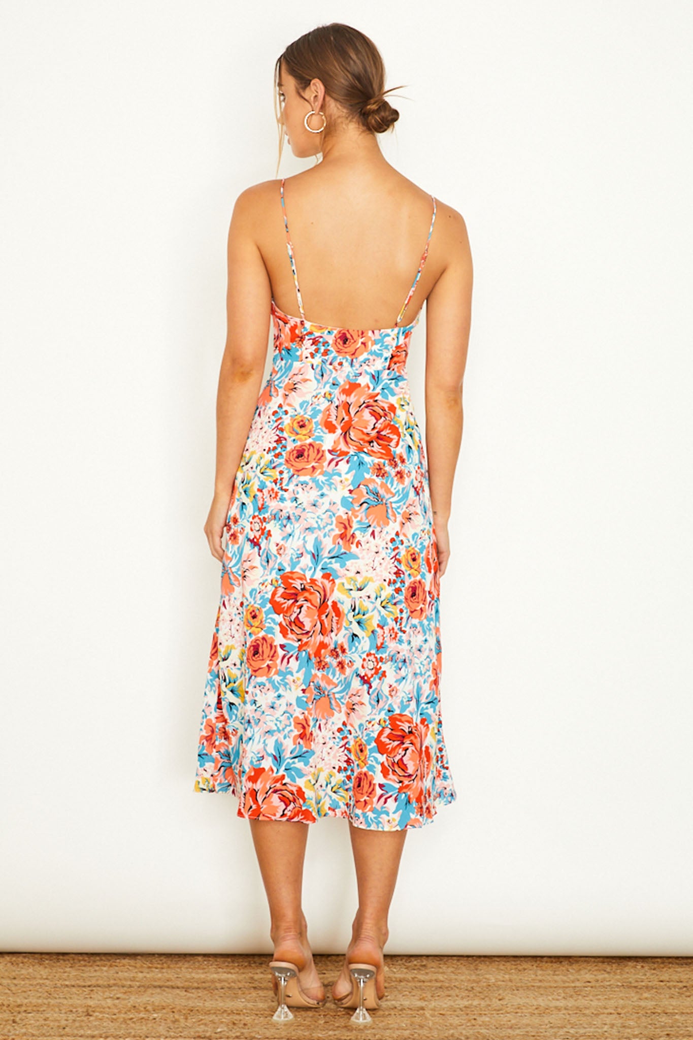 Malibu Gathered Bust Cami Strap Midi Dress Floral Orange by Selfie Leslie Australia