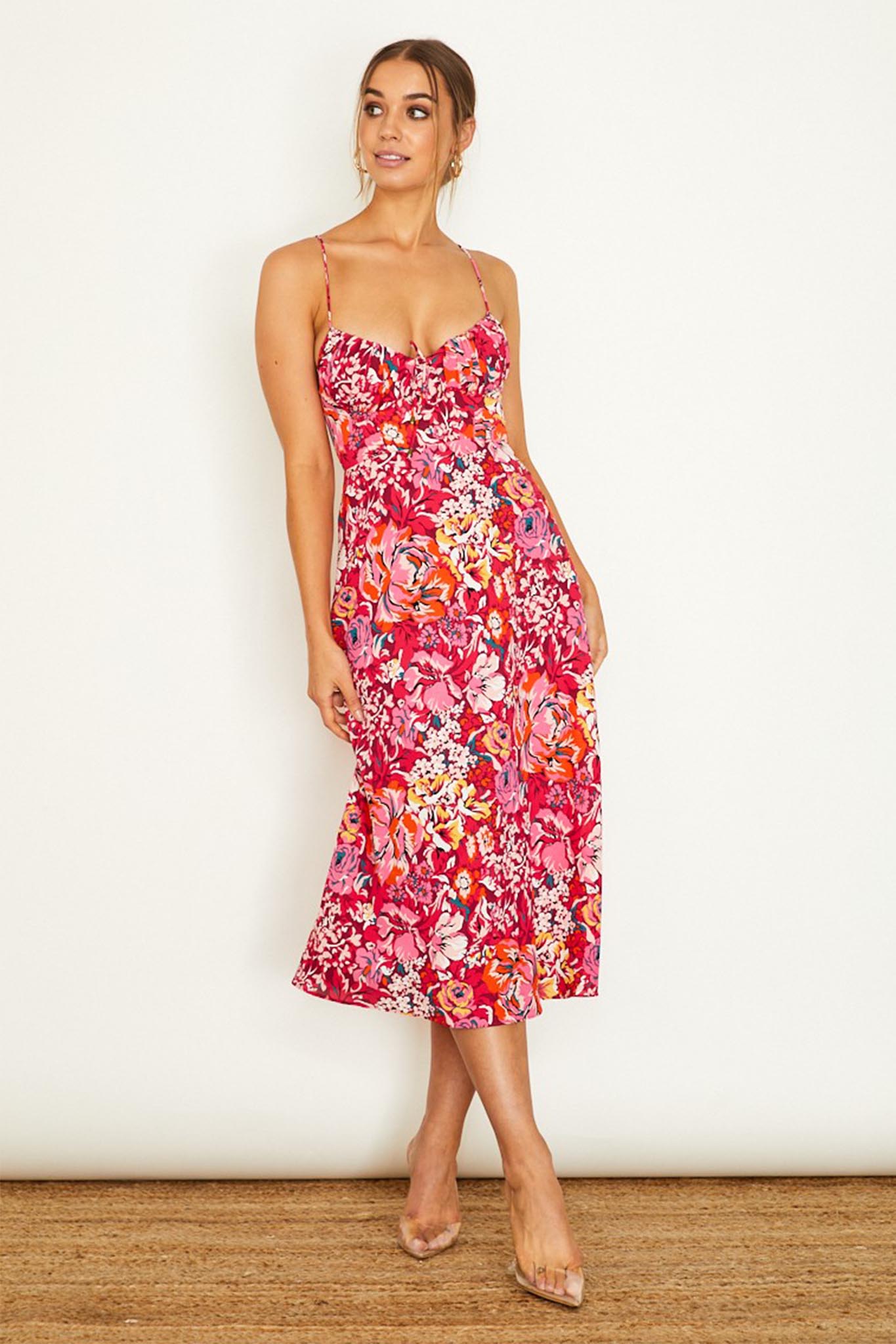Malibu Gathered Bust Cami Strap Midi Dress Floral Red by Selfie Leslie Australia