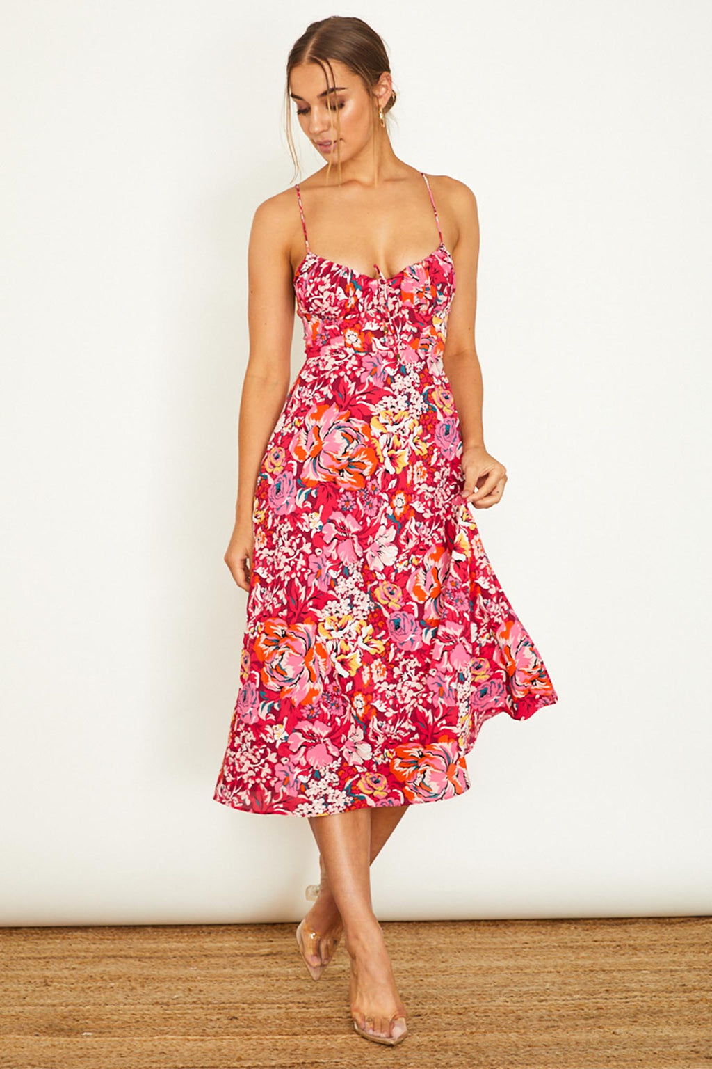 Malibu Gathered Bust Cami Strap Midi Dress Floral Red by Selfie Leslie Australia