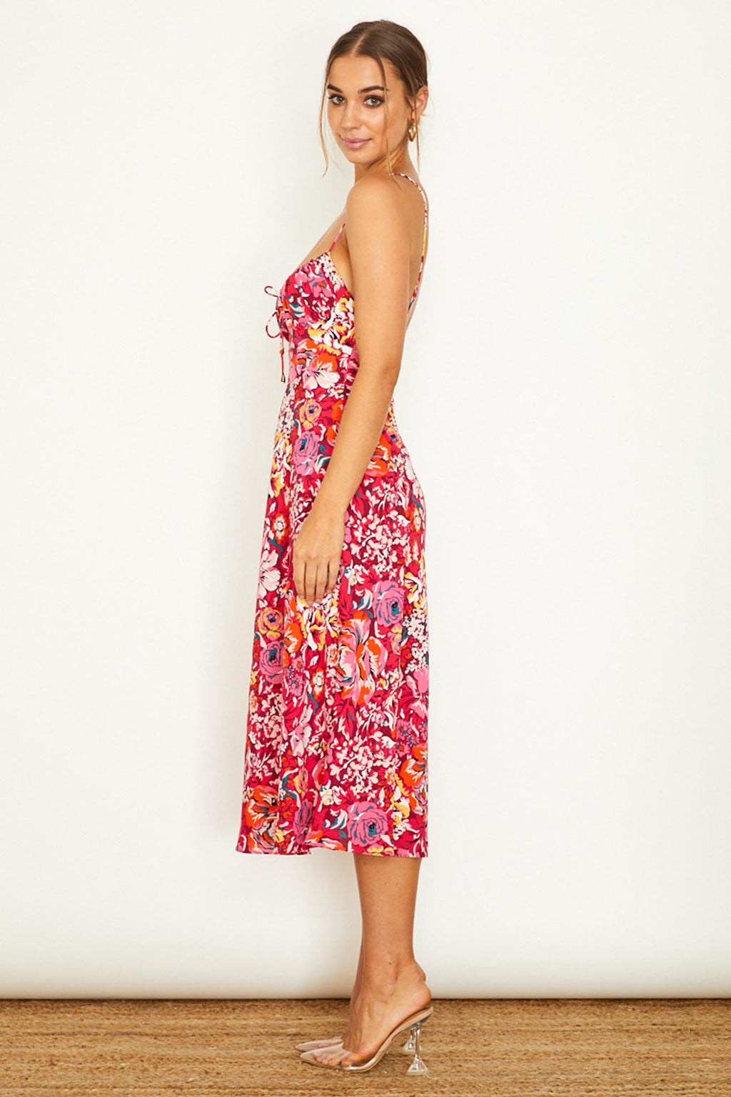 Malibu Gathered Bust Cami Strap Midi Dress Floral Red by Selfie Leslie Australia