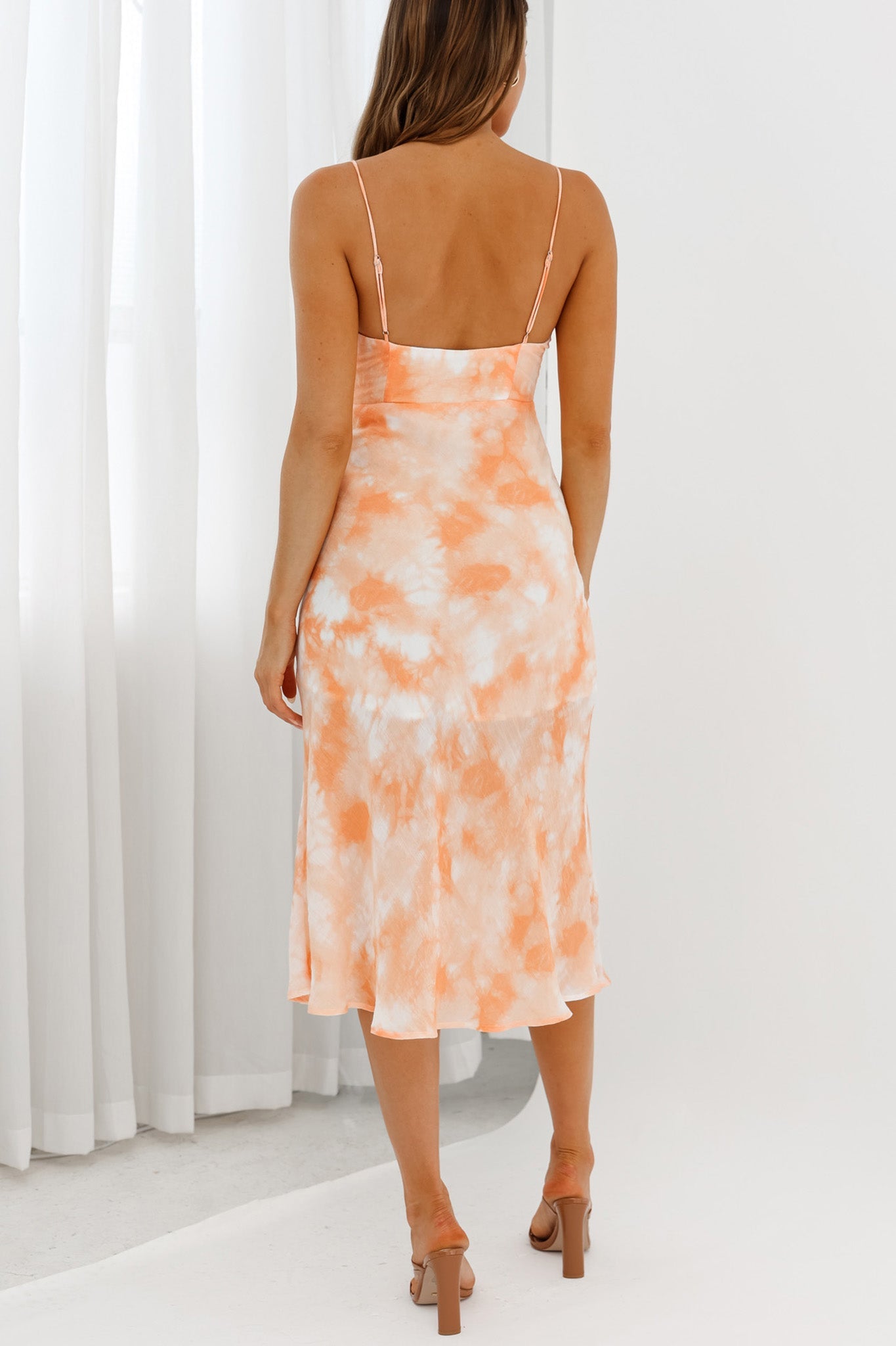 Malibu Gathered Bust Cami Strap Midi Dress Tie-Dye Orange by Selfie Leslie