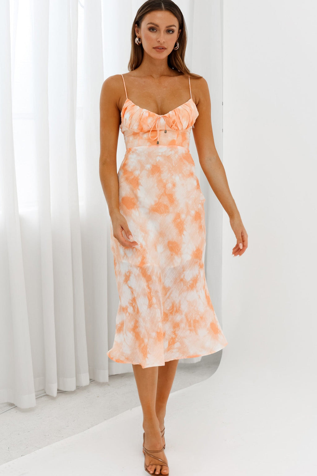 Malibu Gathered Bust Cami Strap Midi Dress Tie-Dye Orange by Selfie Leslie