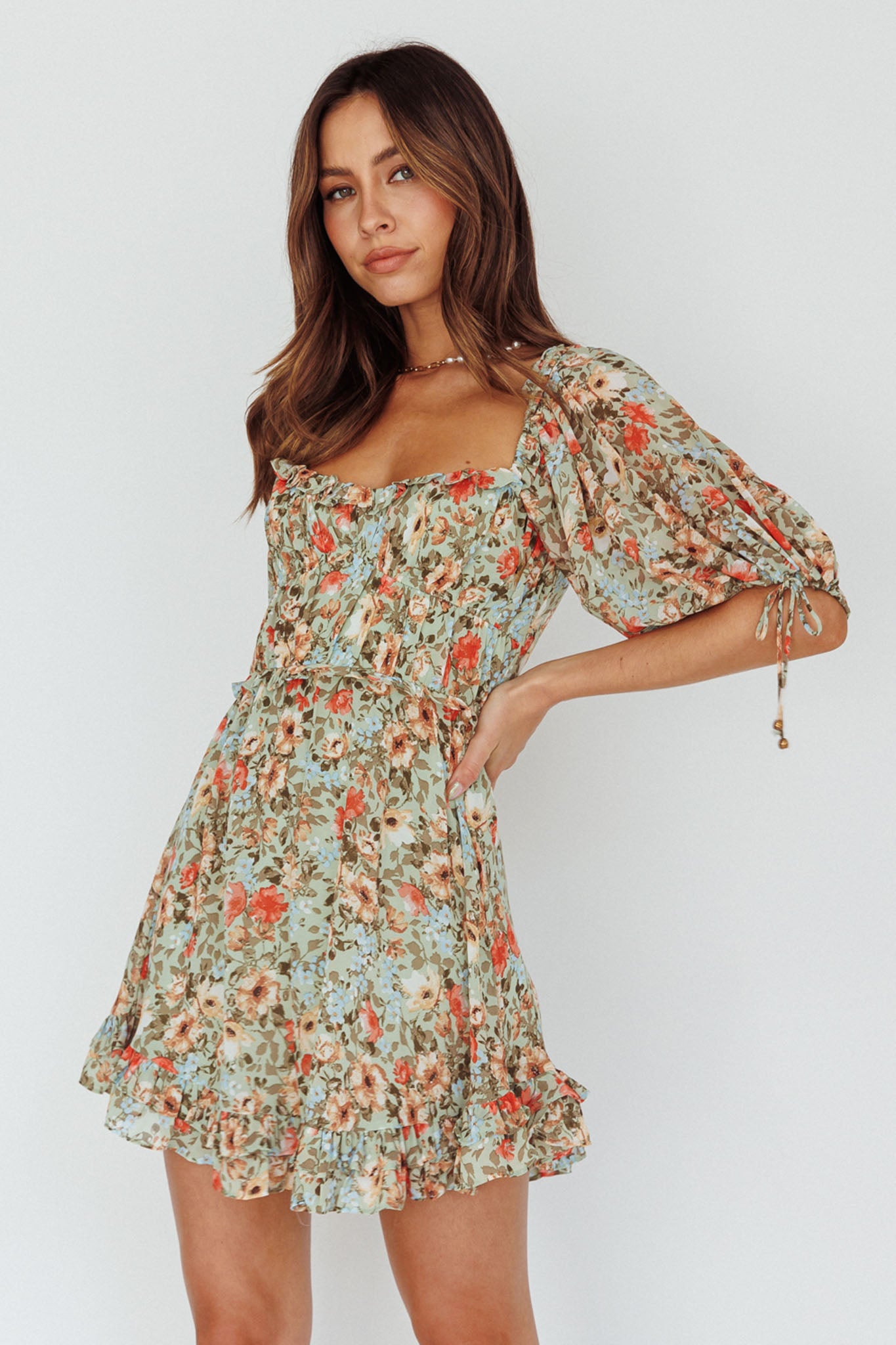 Kirra Puff Sleeve Ruched Bodice Dress Floral Green by Selfie Leslie Australia