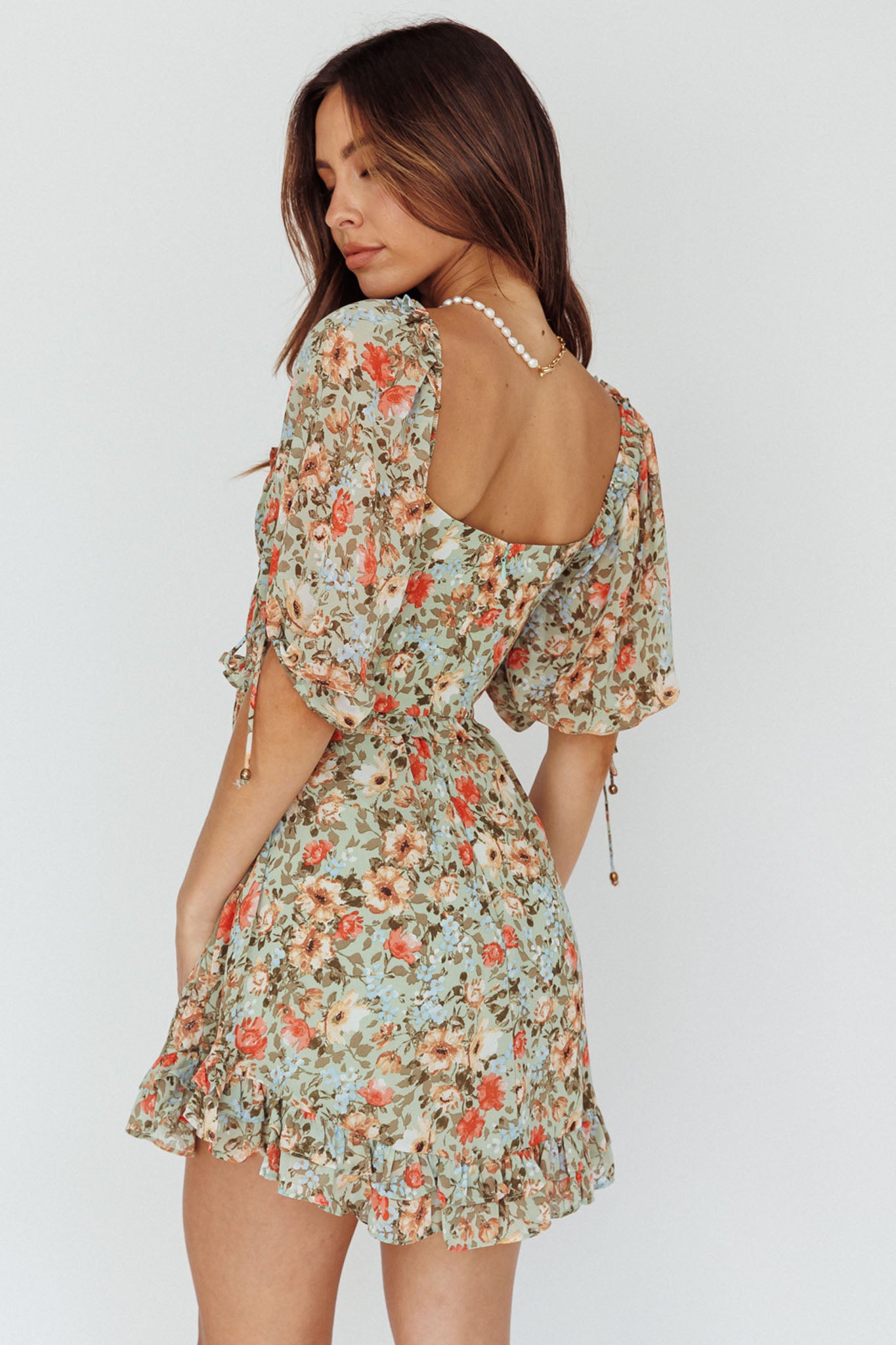 Kirra Puff Sleeve Ruched Bodice Dress Floral Green by Selfie Leslie Australia