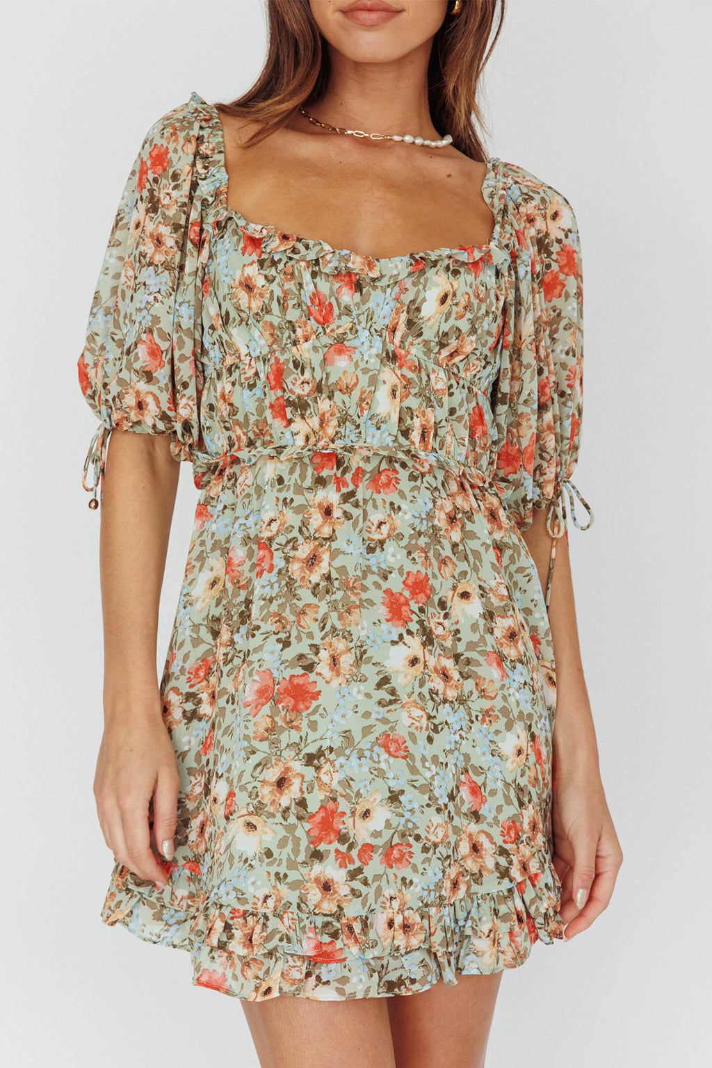 Kirra Puff Sleeve Ruched Bodice Dress Floral Green by Selfie Leslie Australia