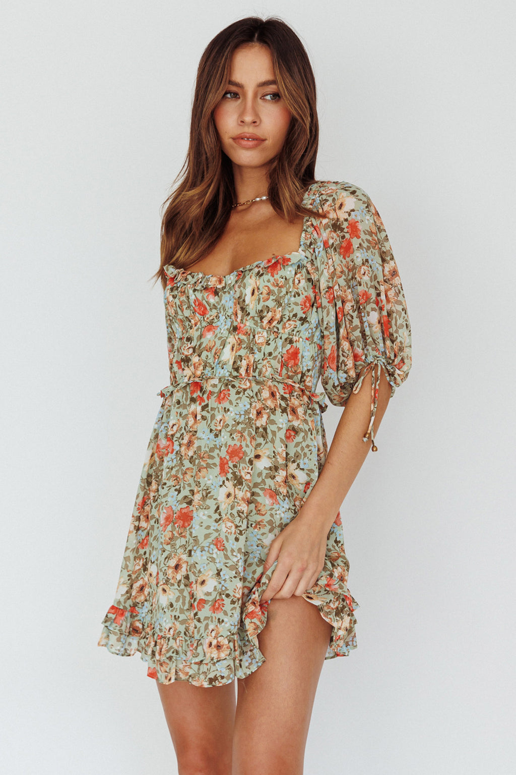 Kirra Puff Sleeve Ruched Bodice Dress Floral Green by Selfie Leslie Australia