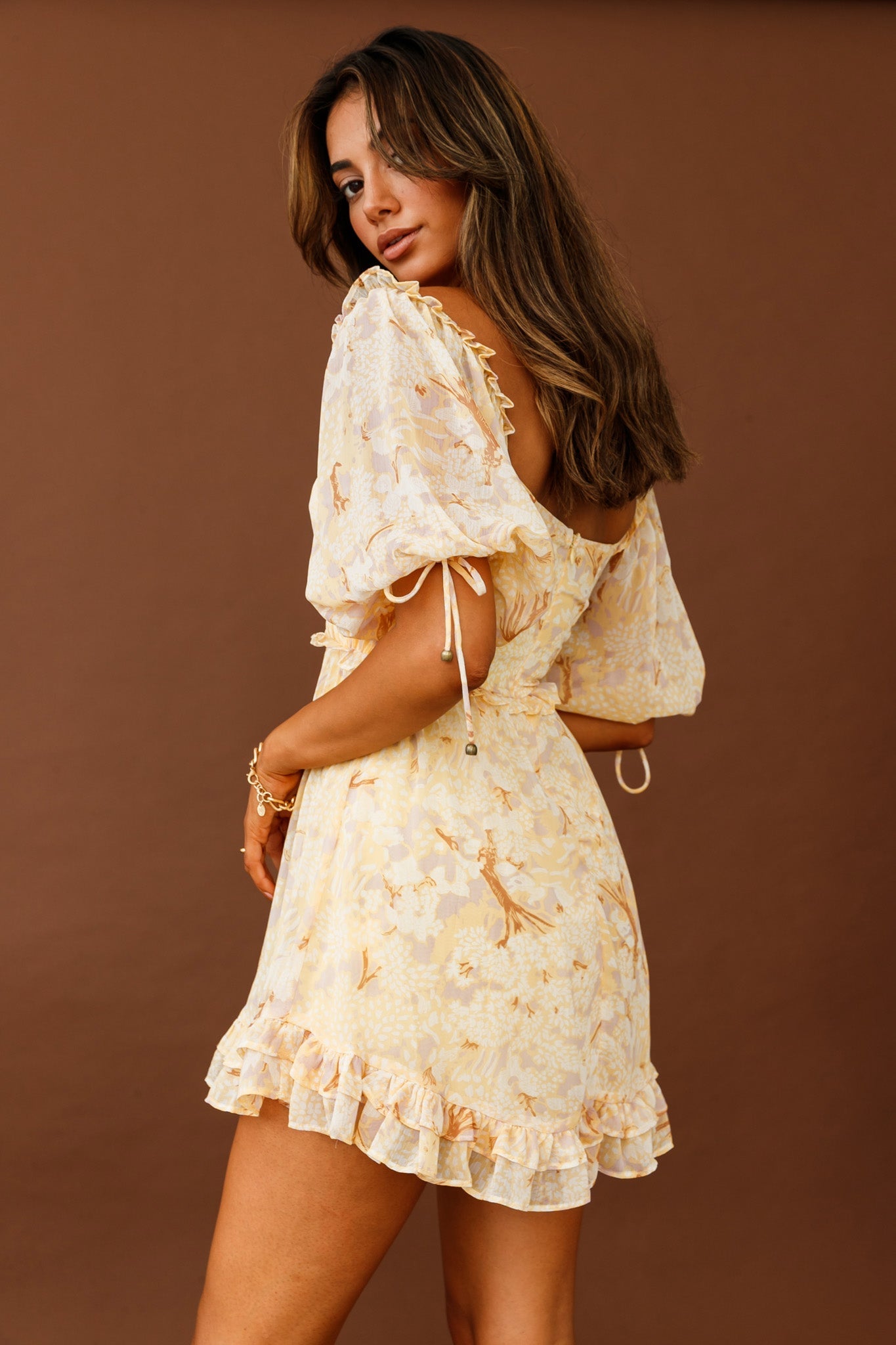 Kirra Puff Sleeve Ruched Bodice Dress Botanic Print Yellow by Selfie Leslie