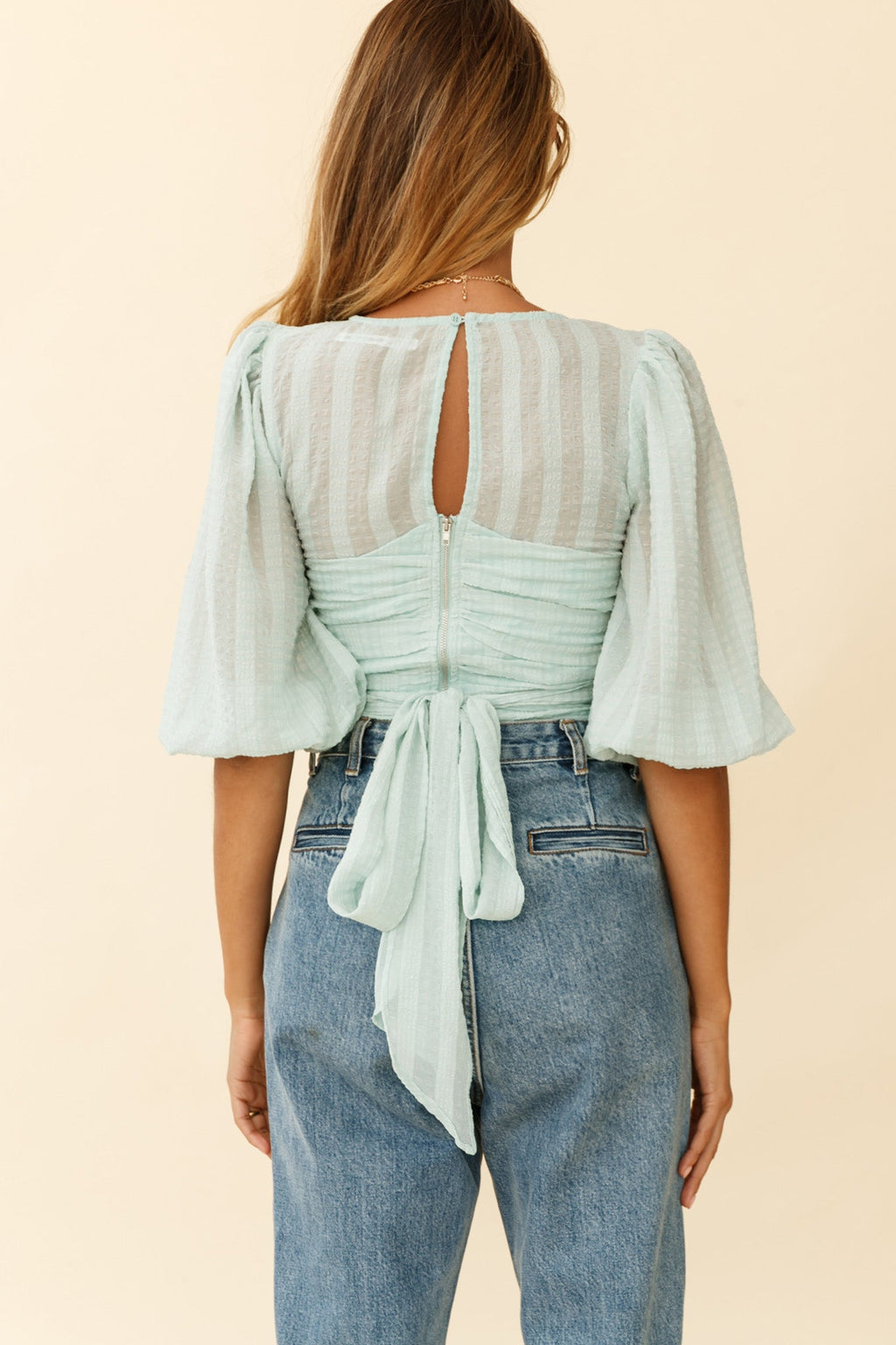 Emerson Puff Sleeve Waist Tie Top Mint by Selfie Leslie