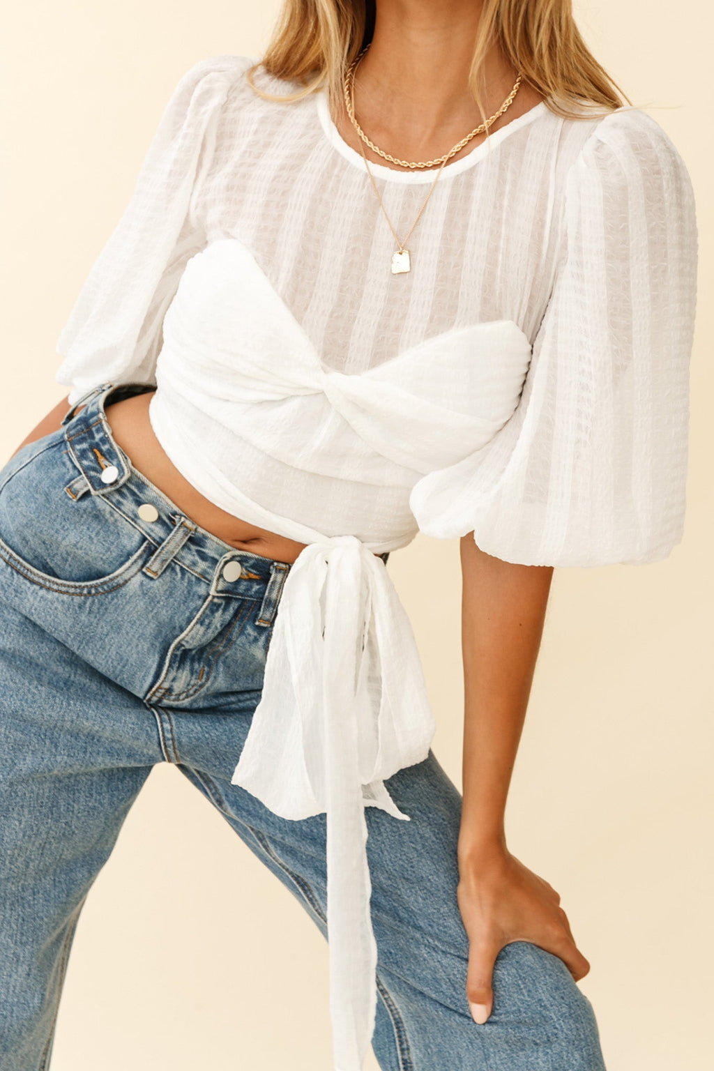 Emerson Puff Sleeve Waist Tie Top White by Selfie Leslie